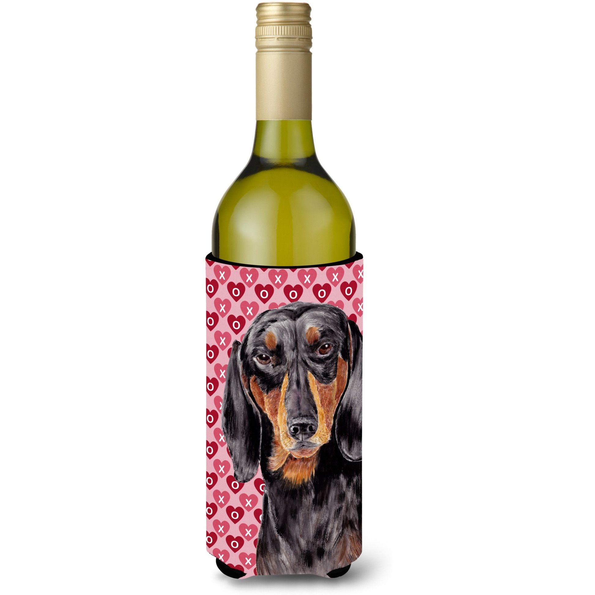 Dachshund Black Tan Hearts Love Valentine's Day Wine Bottle Beverage Insulator Beverage Insulator Hugger