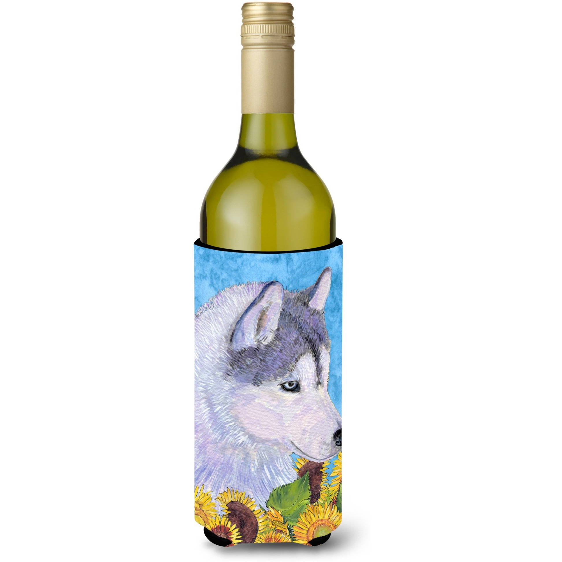 Siberian Husky in Summer Flowers Wine Bottle Beverage Insulator Beverage Insulator Hugger