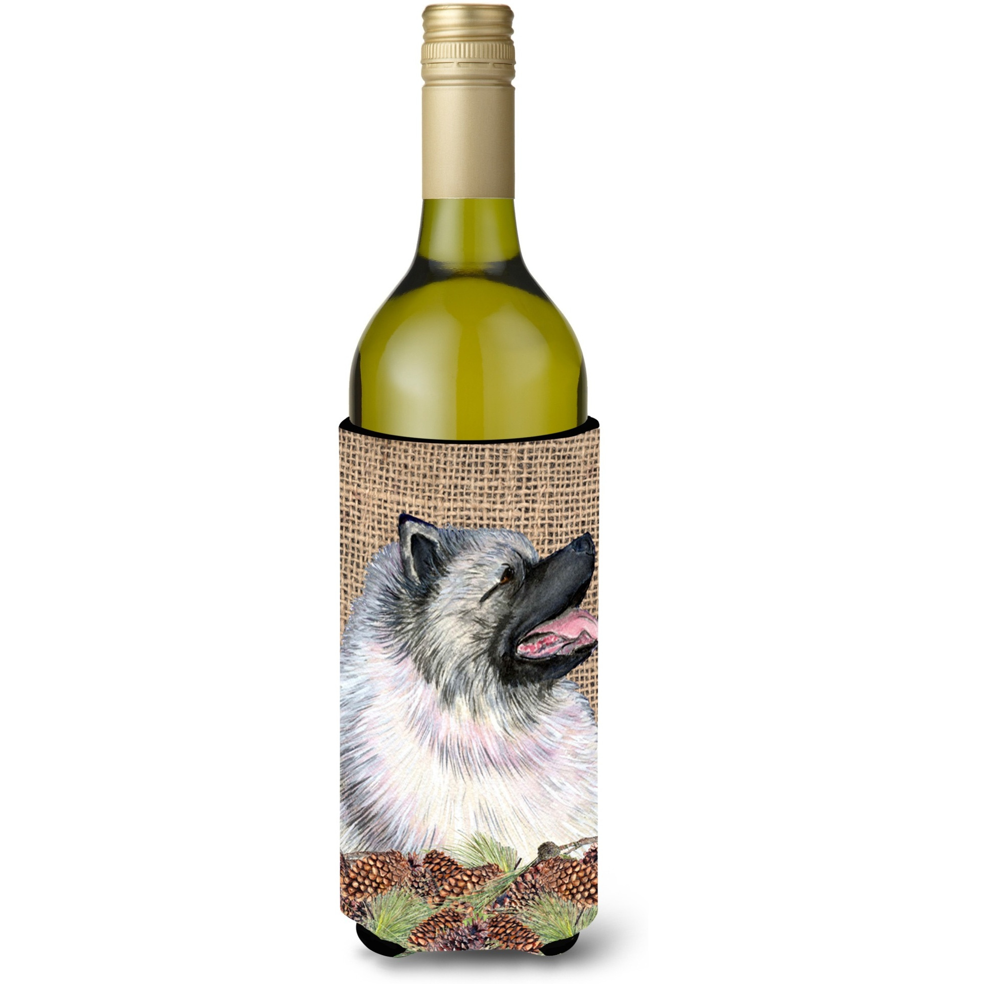 Keeshond on Faux Burlap with Pine Cones Wine Bottle Beverage Insulator Beverage Insulator Hugger