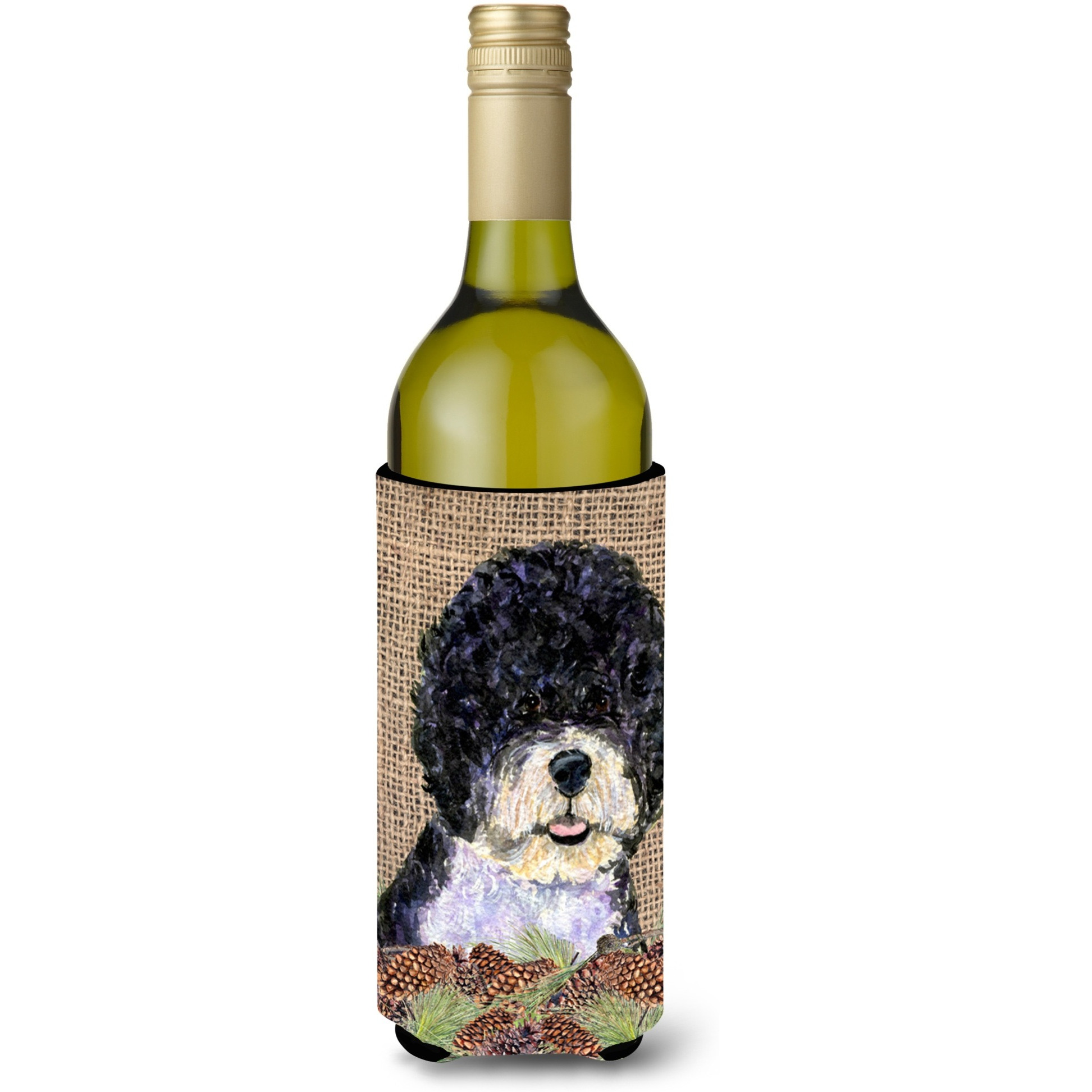 Portuguese Water Dog on Faux Burlap with Pine Cones Wine Bottle Beverage Insulator Beverage Insulator Hugger