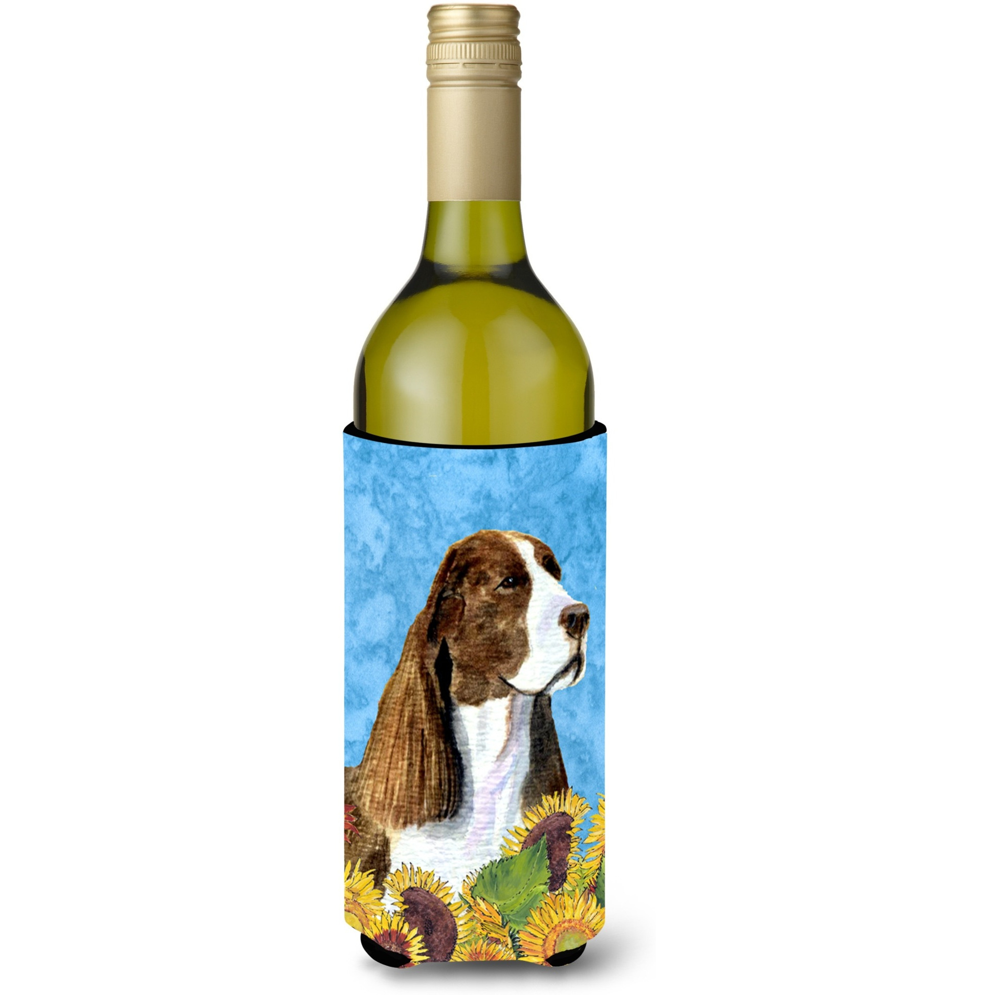 Springer Spaniel in Summer Flowers Wine Bottle Beverage Insulator Beverage Insulator Hugger