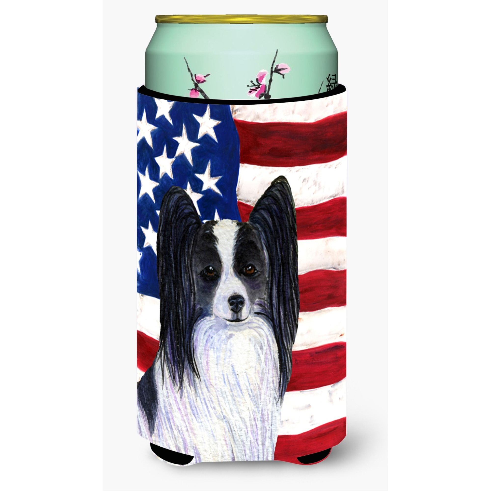 USA American Flag with Papillon  Tall Boy Beverage Insulator Beverage Insulator Hugger