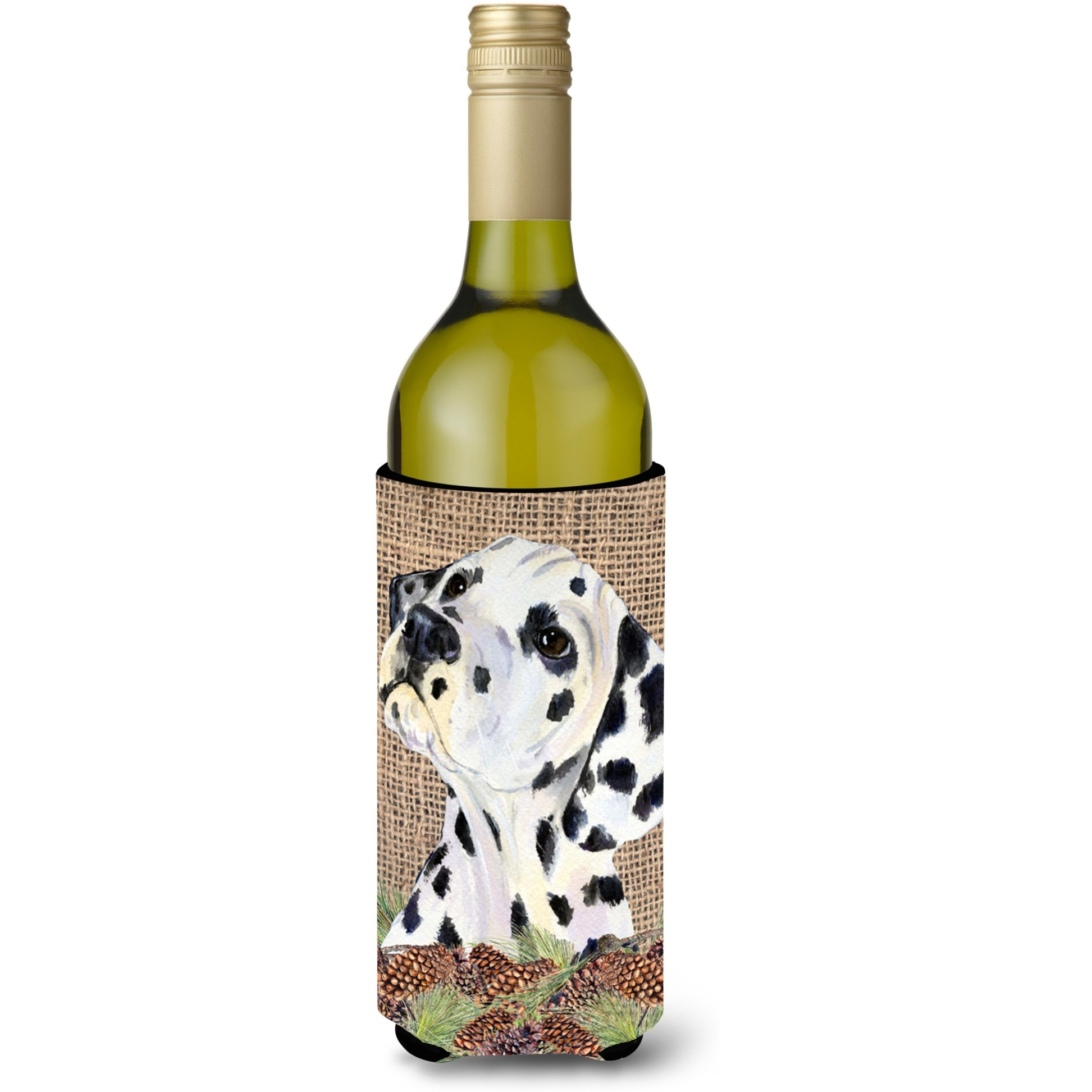 Dalmatian on Faux Burlap with Pine Cones Wine Bottle Beverage Insulator Beverage Insulator Hugger