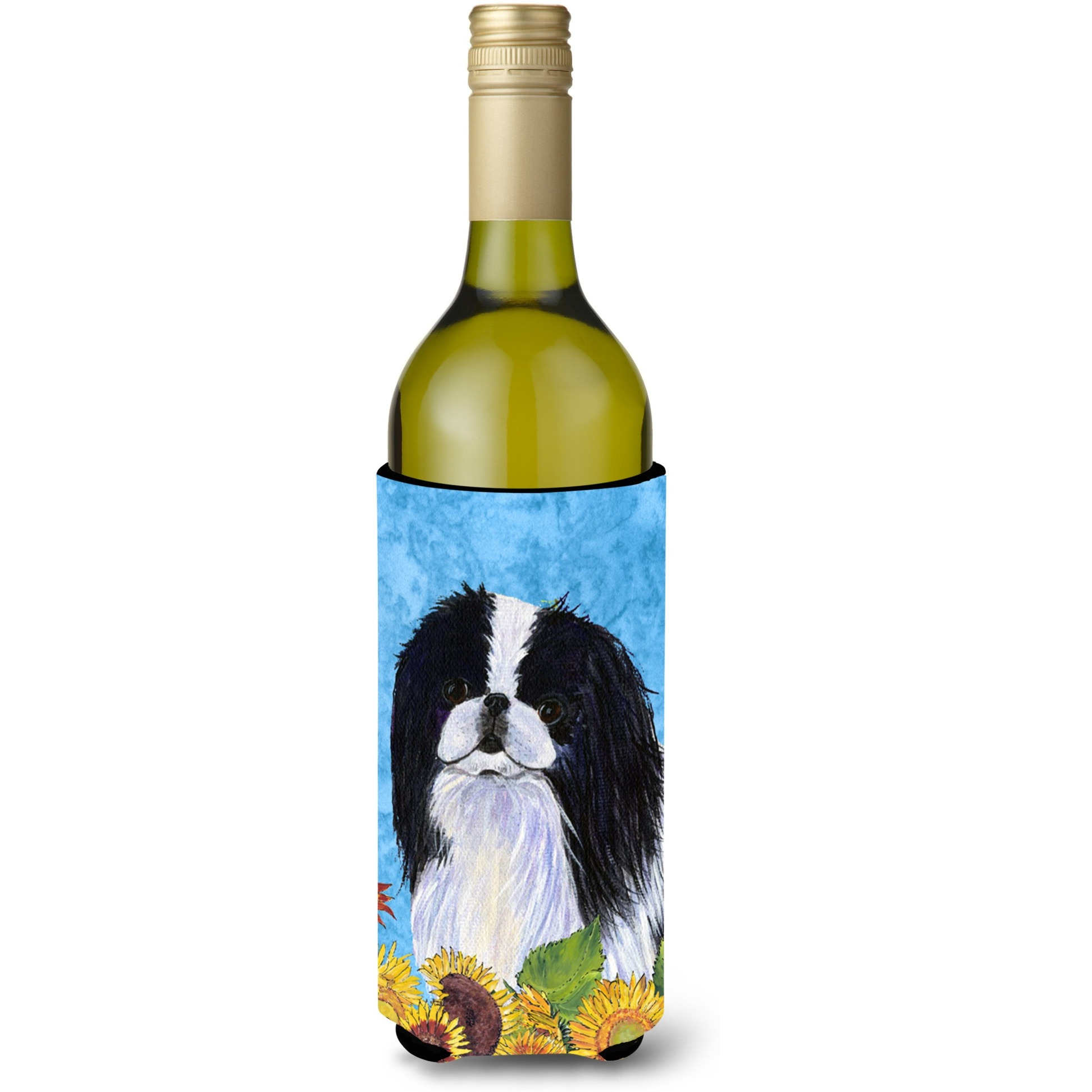 Japanese Chin in Summer Flowers Wine Bottle Beverage Insulator Beverage Insulator Hugger