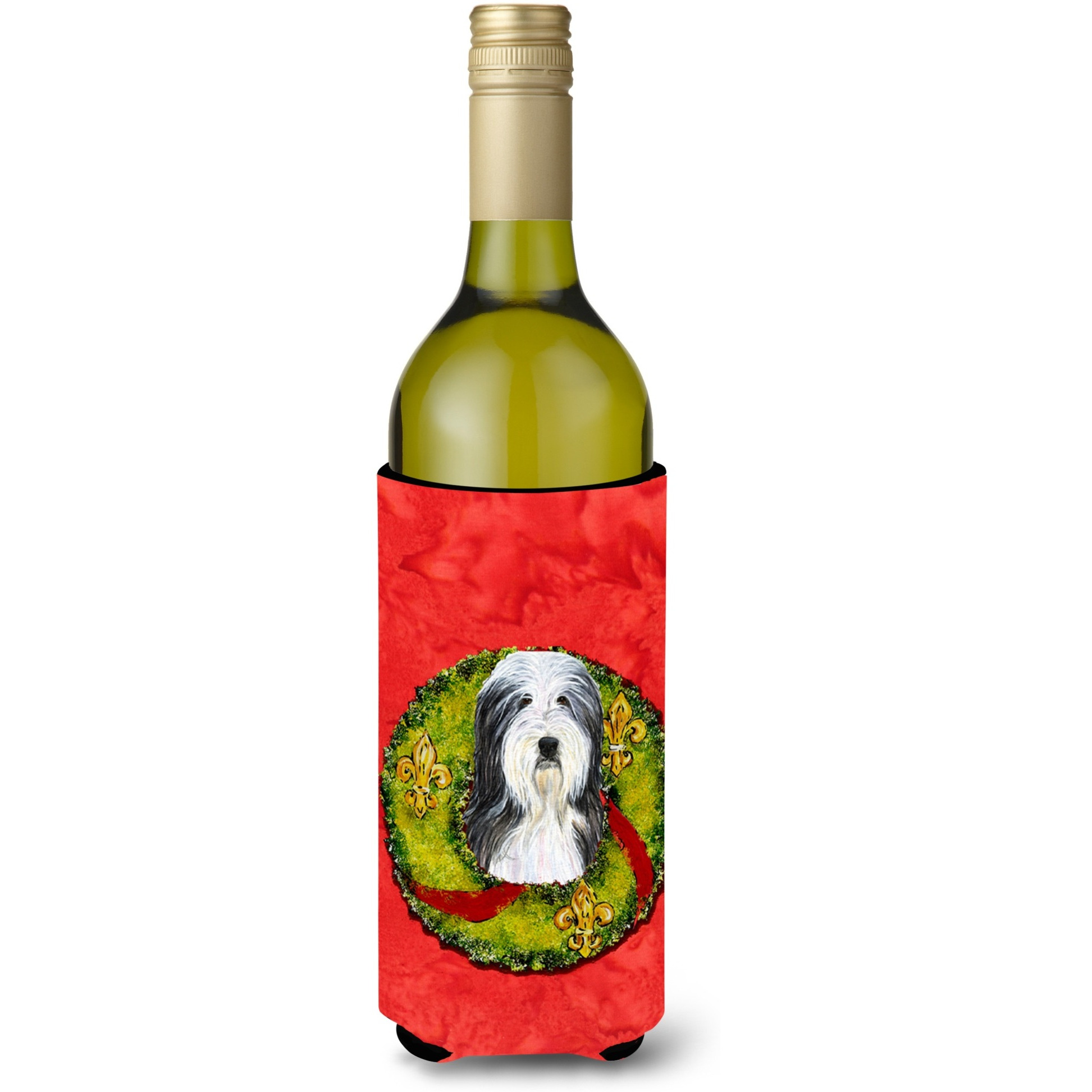 Bearded Collie Cristmas Wreath Wine Bottle Beverage Insulator Beverage Insulator Hugger