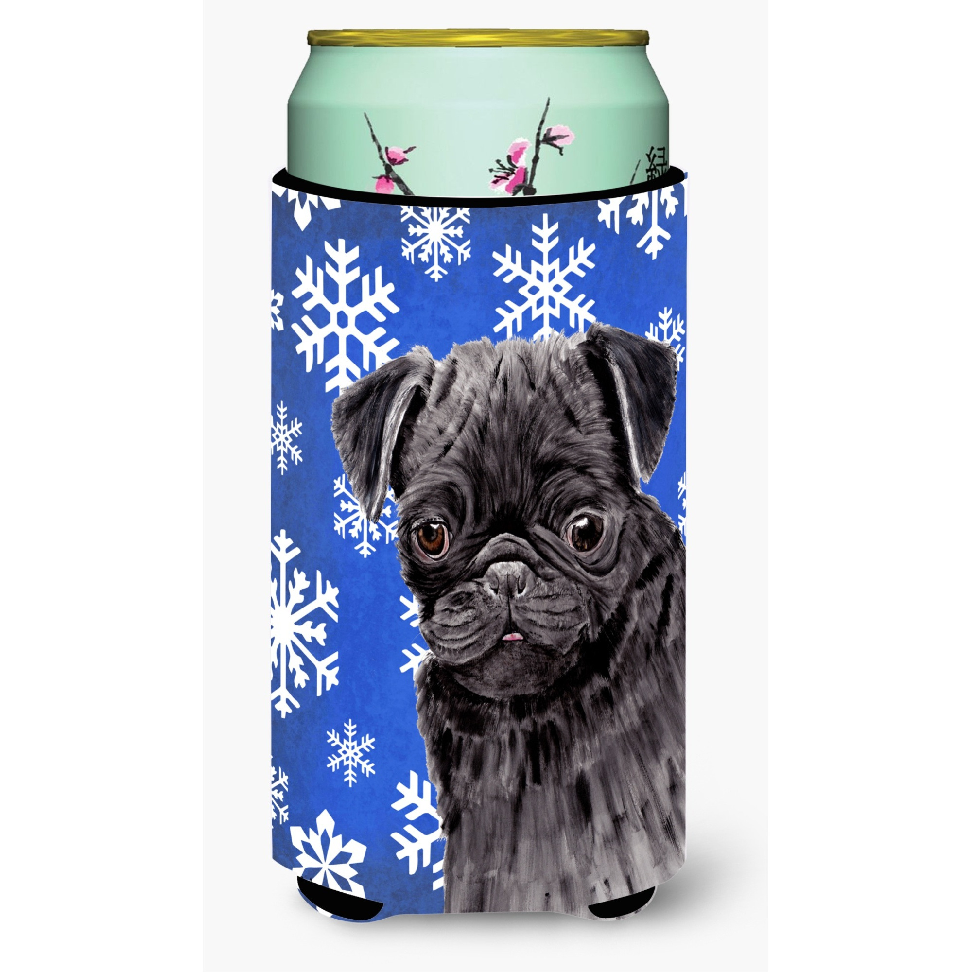 Pug Winter Snowflakes Holiday  Tall Boy Beverage Insulator Beverage Insulator Hugger