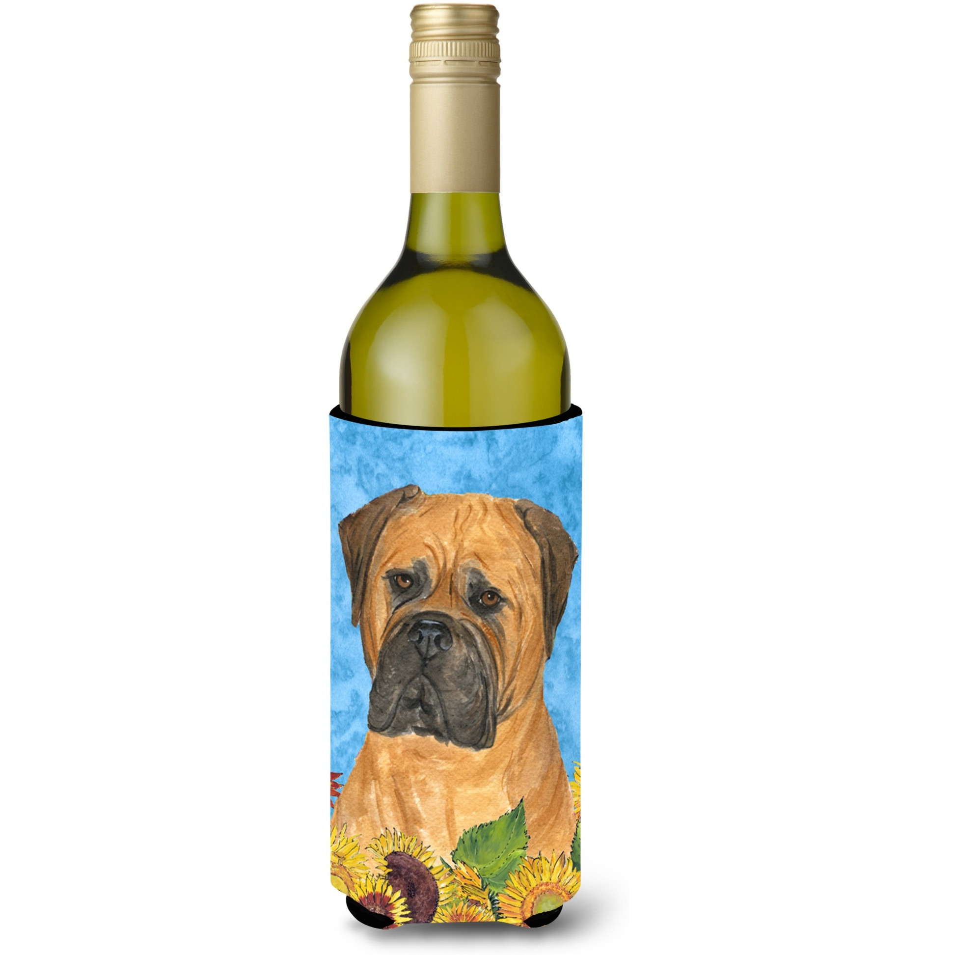 Bullmastiff in Summer Flowers Wine Bottle Beverage Insulator Beverage Insulator Hugger