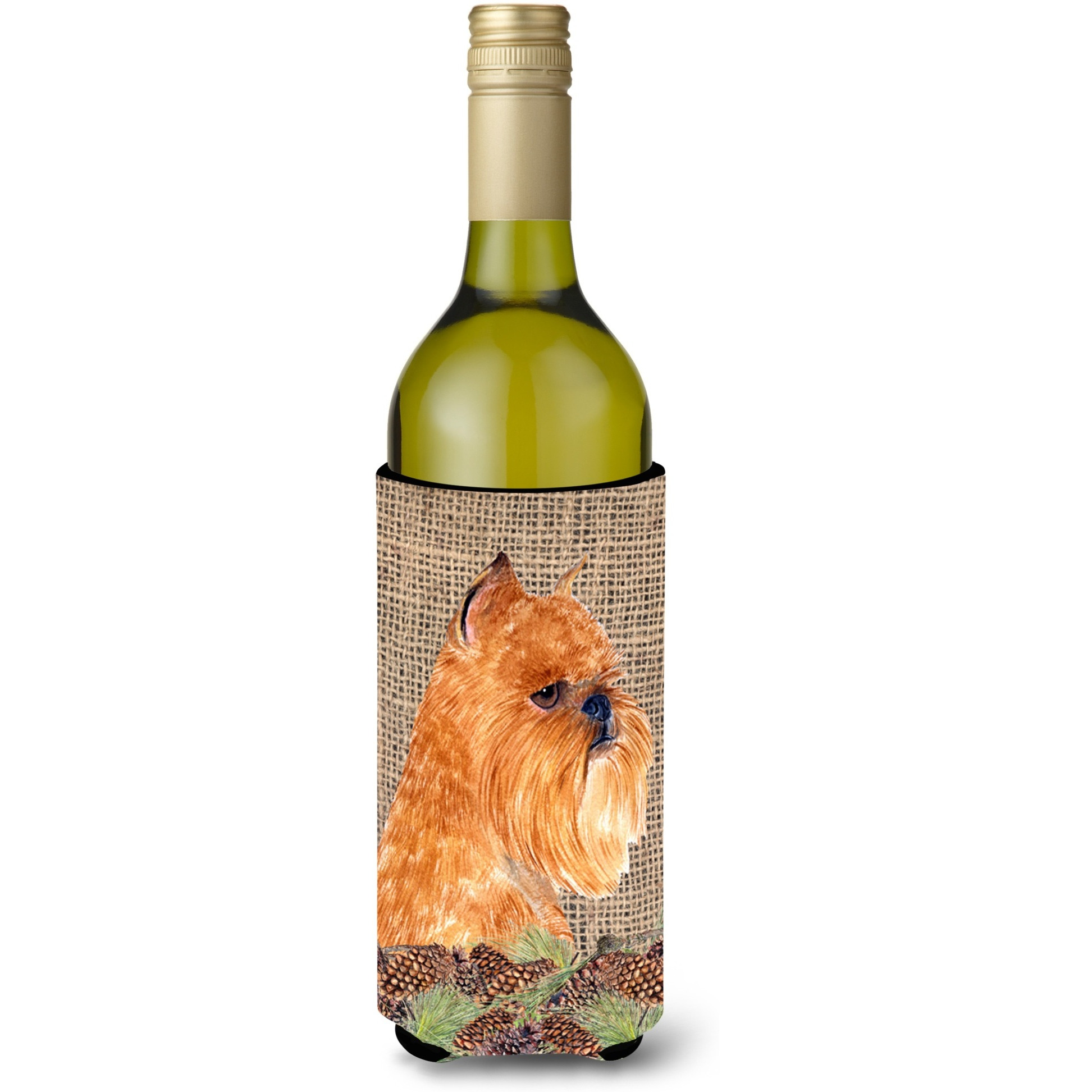 Brussels Griffon on Faux Burlap with Pine Cones Wine Bottle Beverage Insulator Beverage Insulator Hugger