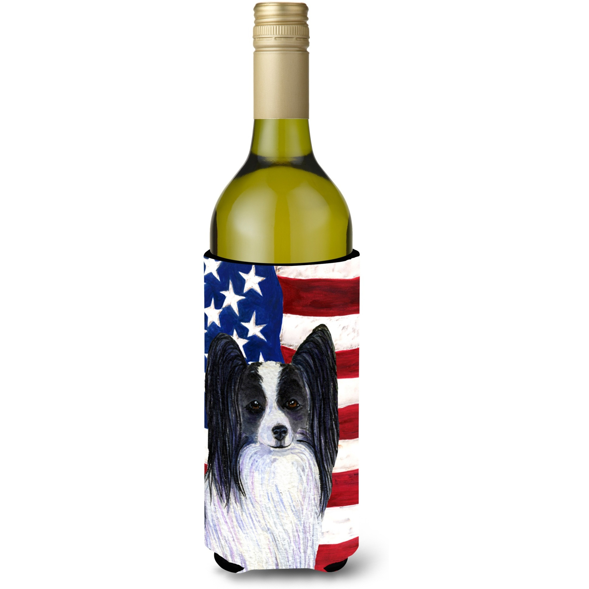 USA American Flag with Papillon Wine Bottle Beverage Insulator Beverage Insulator Hugger