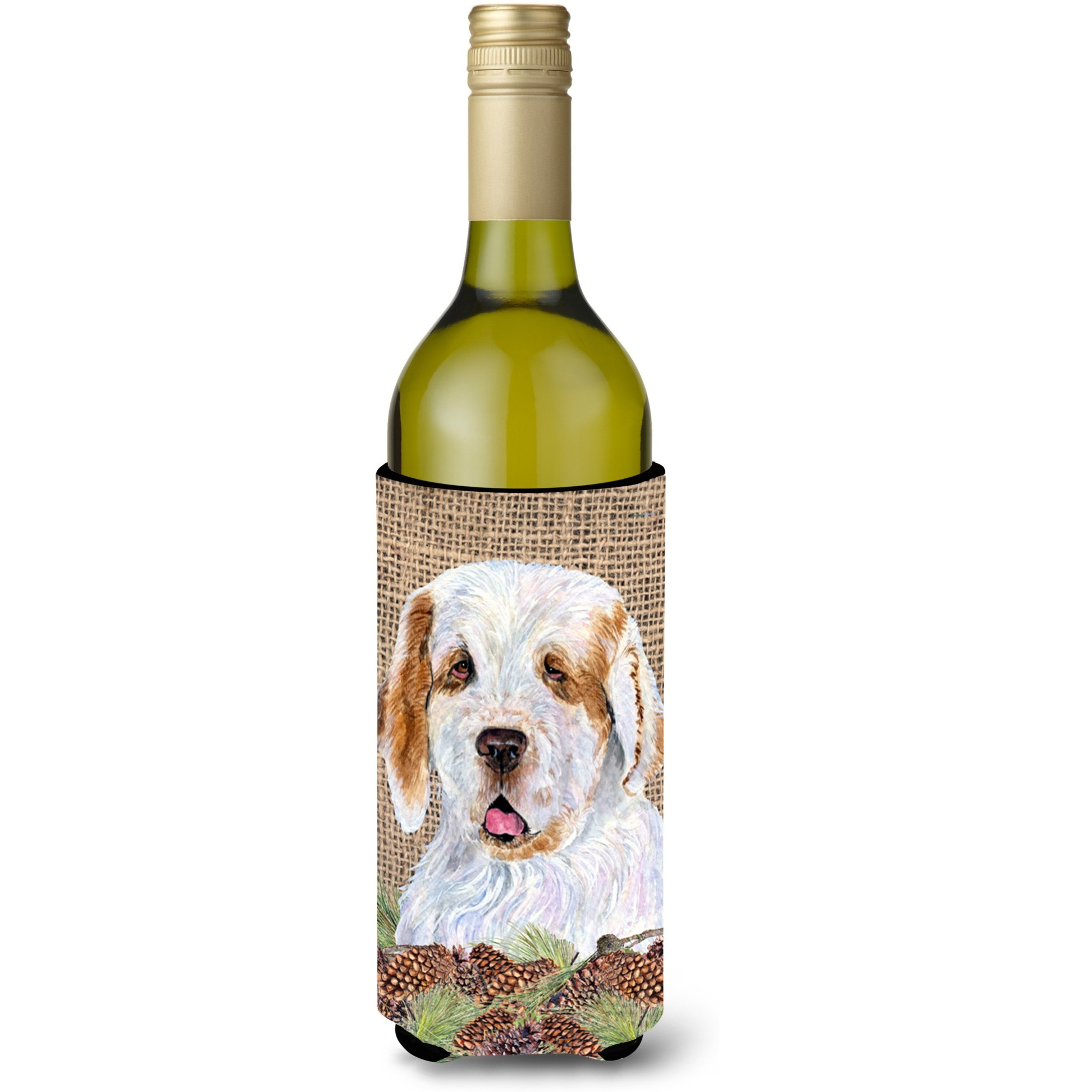 Clumber Spaniel on Faux Burlap with Pine Cones Wine Bottle Beverage Insulator Beverage Insulator Hugger