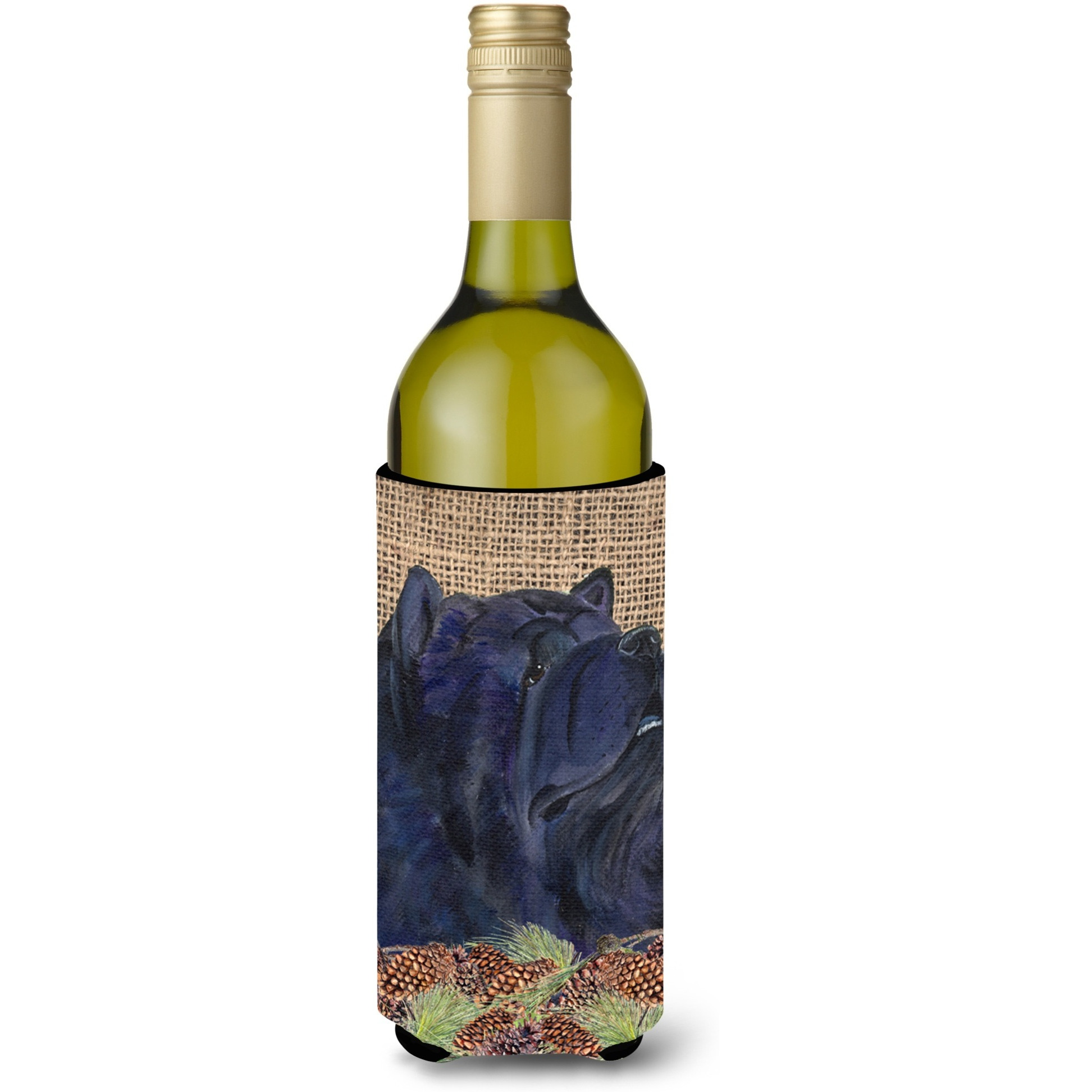 Chow Chow on Faux Burlap with Pine Cones Wine Bottle Beverage Insulator Beverage Insulator Hugger