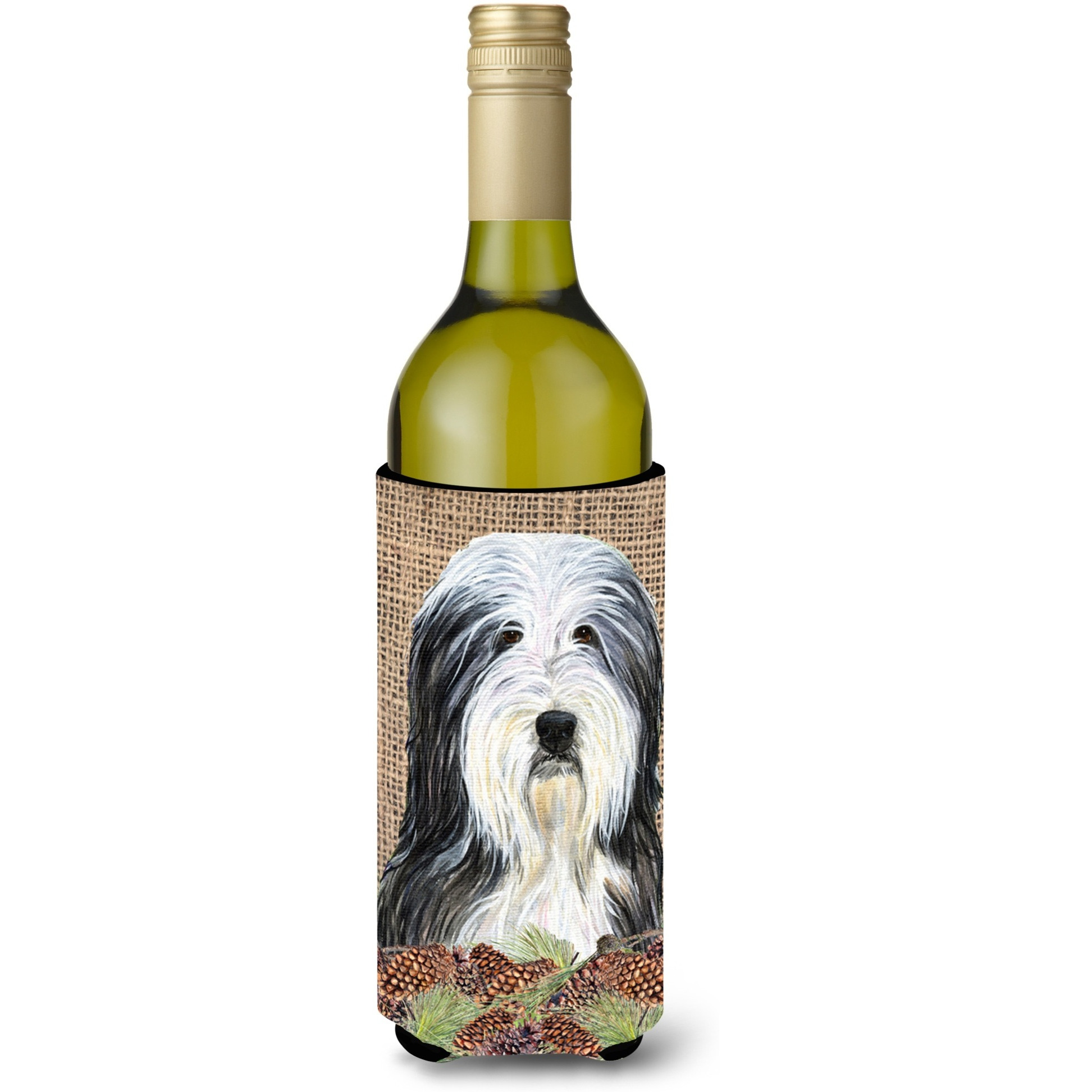 Bearded Collie on Faux Burlap with Pine Cones Wine Bottle Beverage Insulator Beverage Insulator Hugger