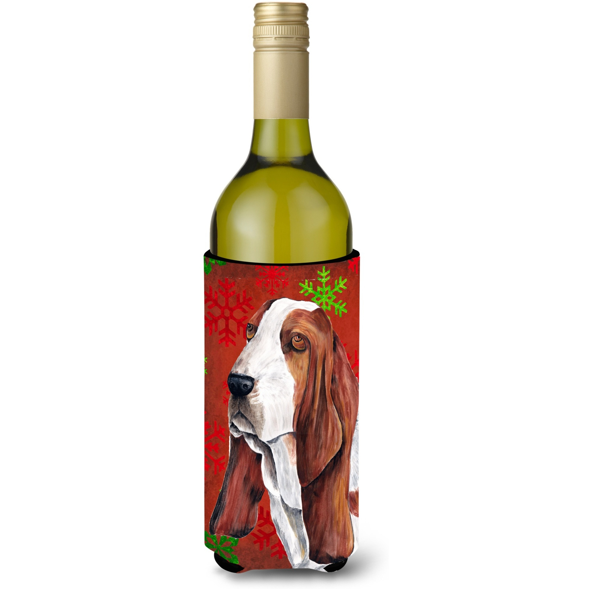 Basset Hound  Snowflakes Holiday Christmas Wine Bottle Beverage Insulator Beverage Insulator Hugger