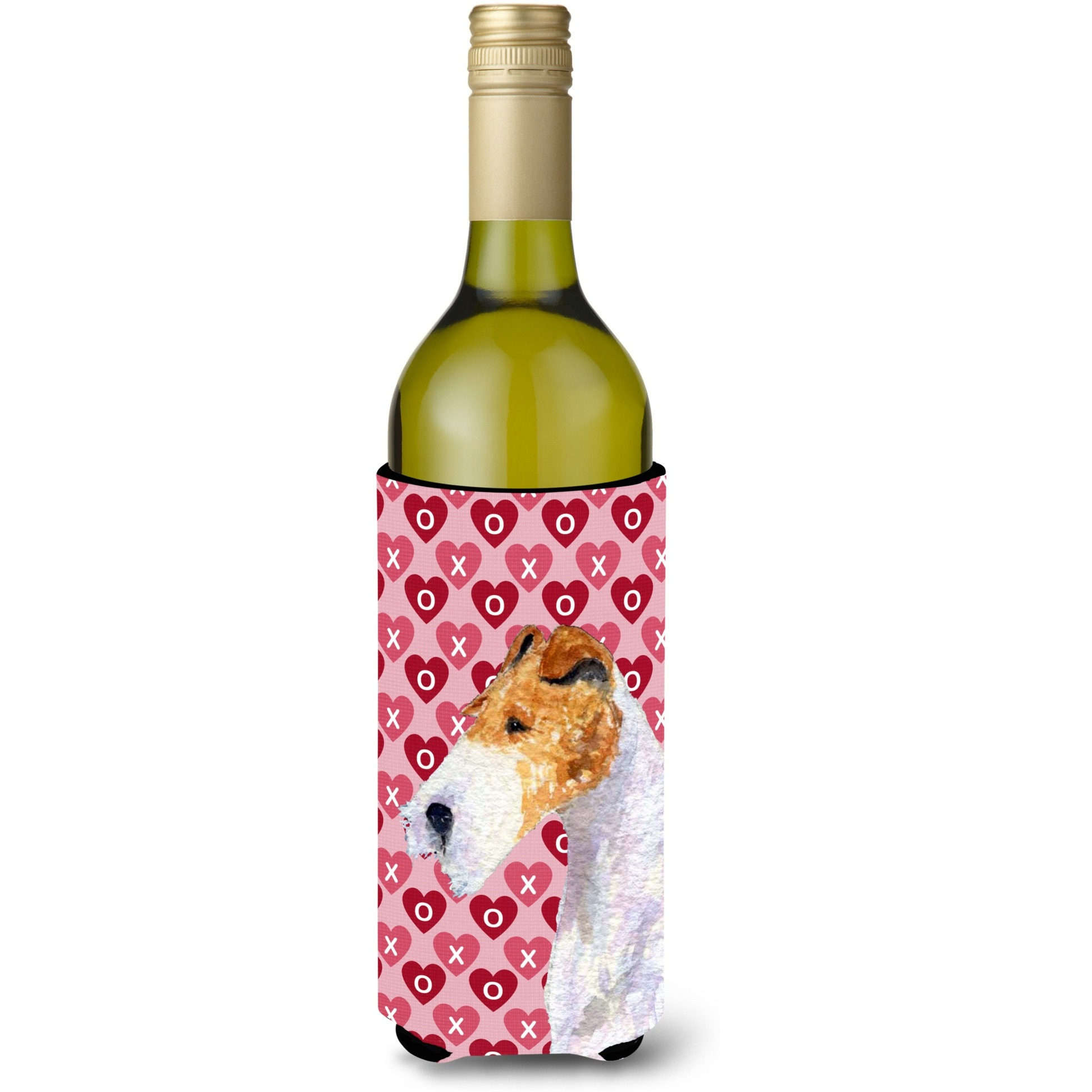 Fox Terrier Hearts Love and Valentine's Day Portrait Wine Bottle Beverage Insulator Beverage Insulator Hugger