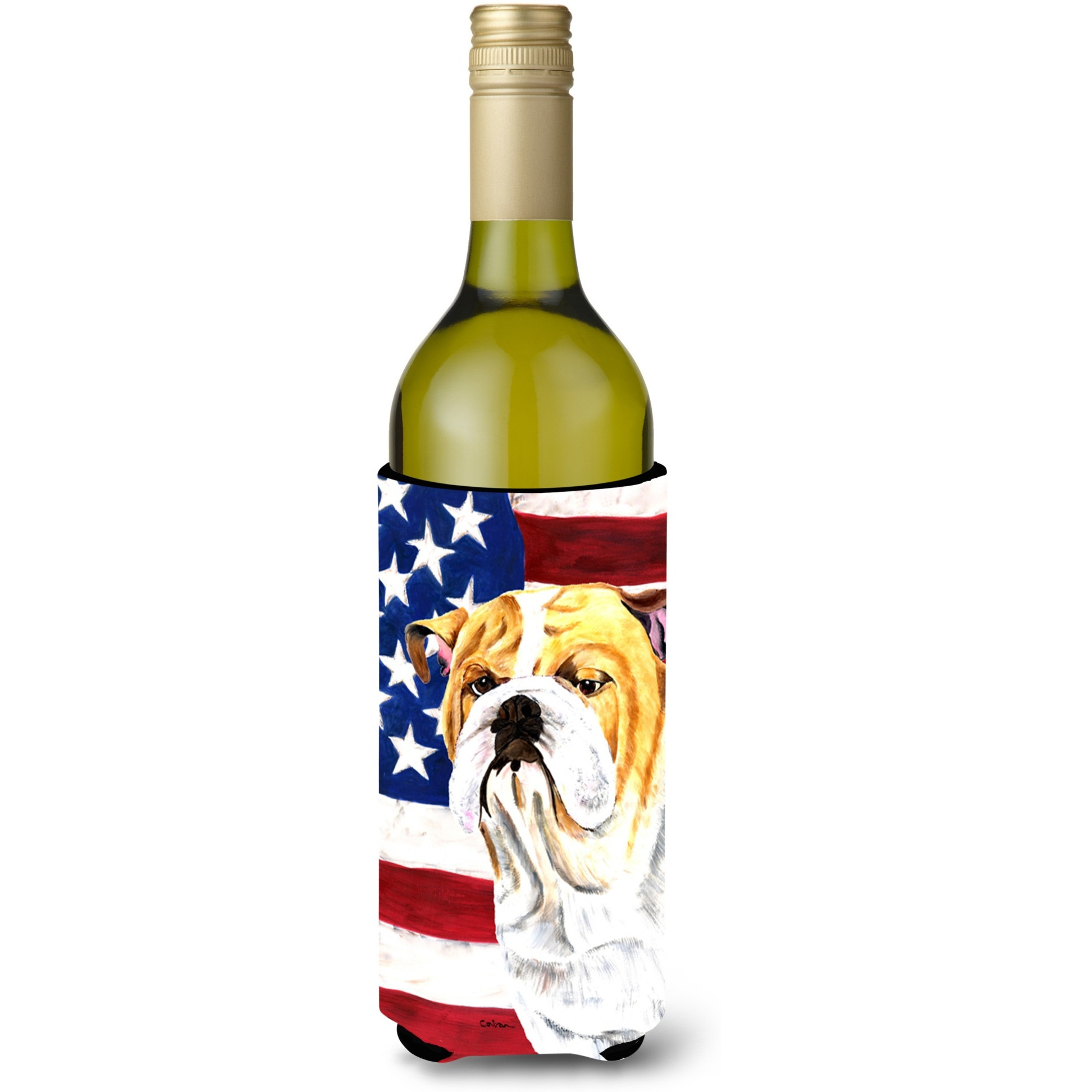 USA American Flag with Bulldog English Wine Bottle Beverage Insulator Beverage Insulator Hugger