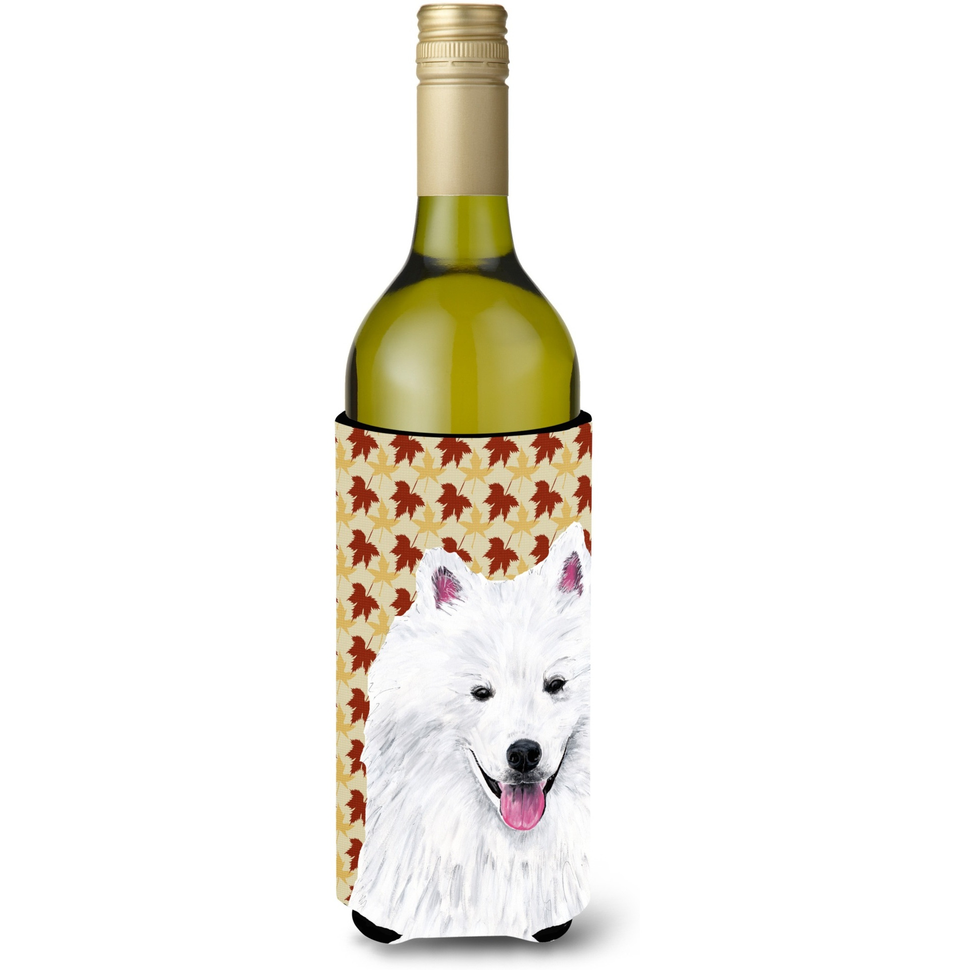 American Eskimo Fall Leaves Portrait Wine Bottle Beverage Insulator Beverage Insulator Hugger