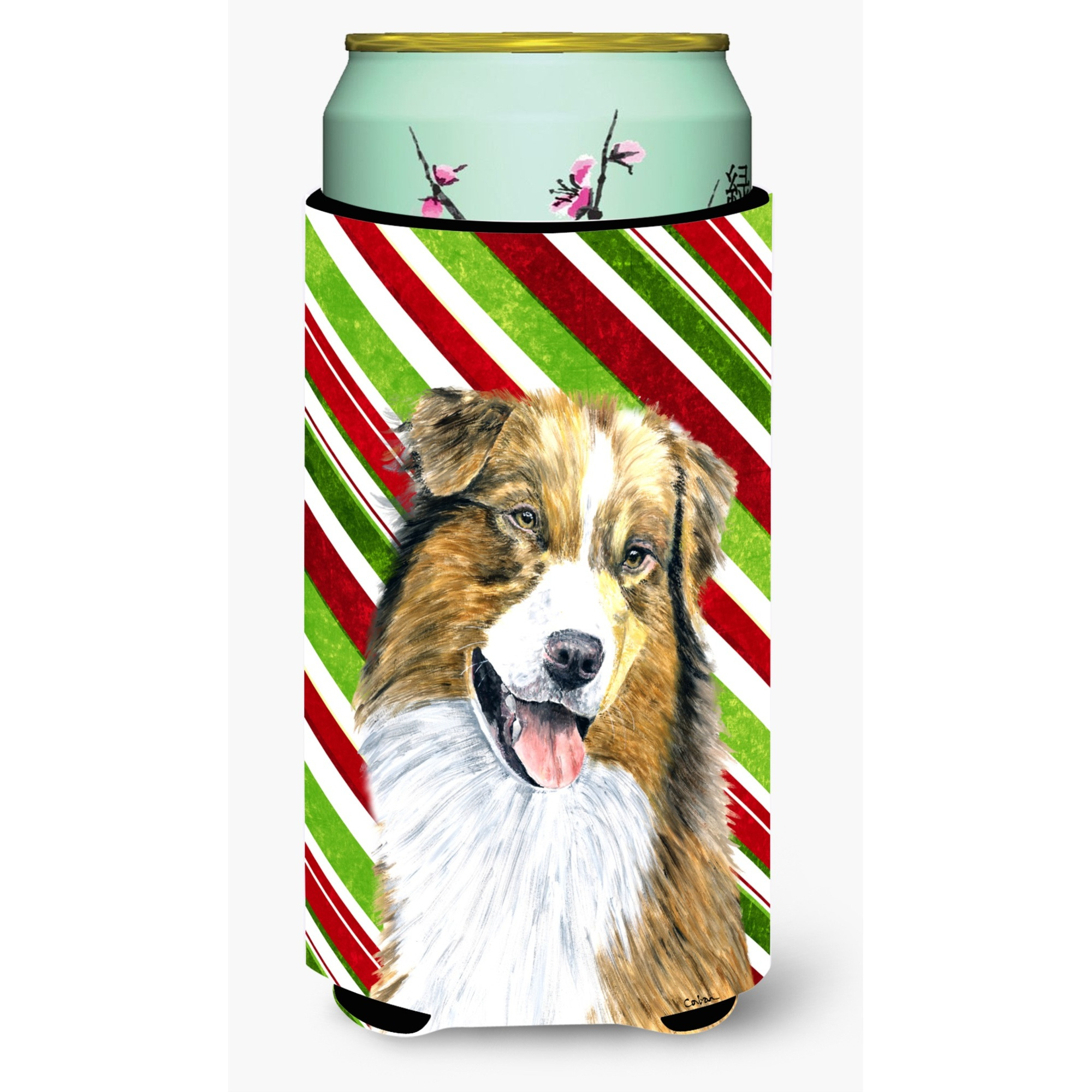 Australian Shepherd Candy Cane Holiday Christmas  Tall Boy Beverage Insulator Beverage Insulator Hugger