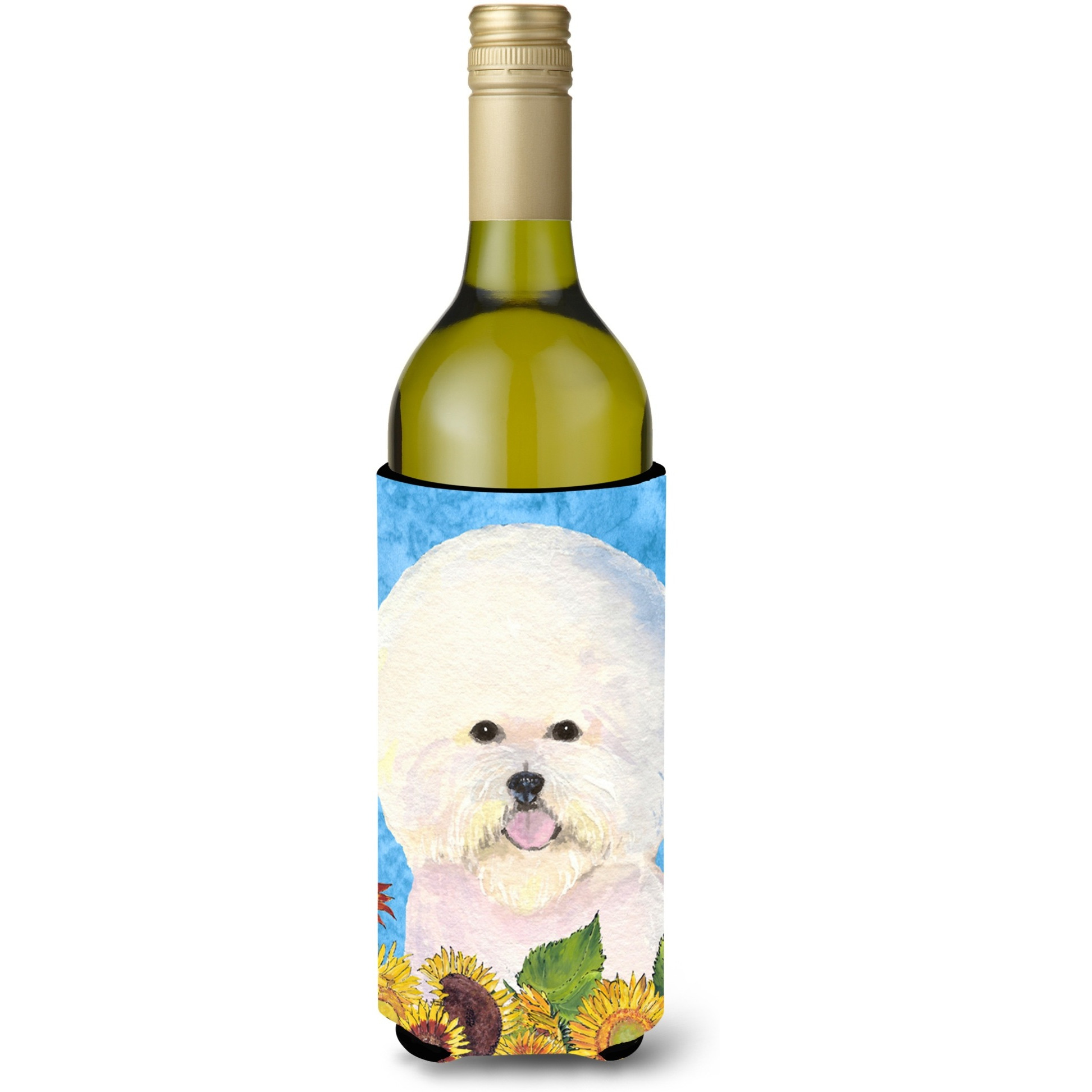 Bichon Frise in Summer Flowers Wine Bottle Beverage Insulator Beverage Insulator Hugger