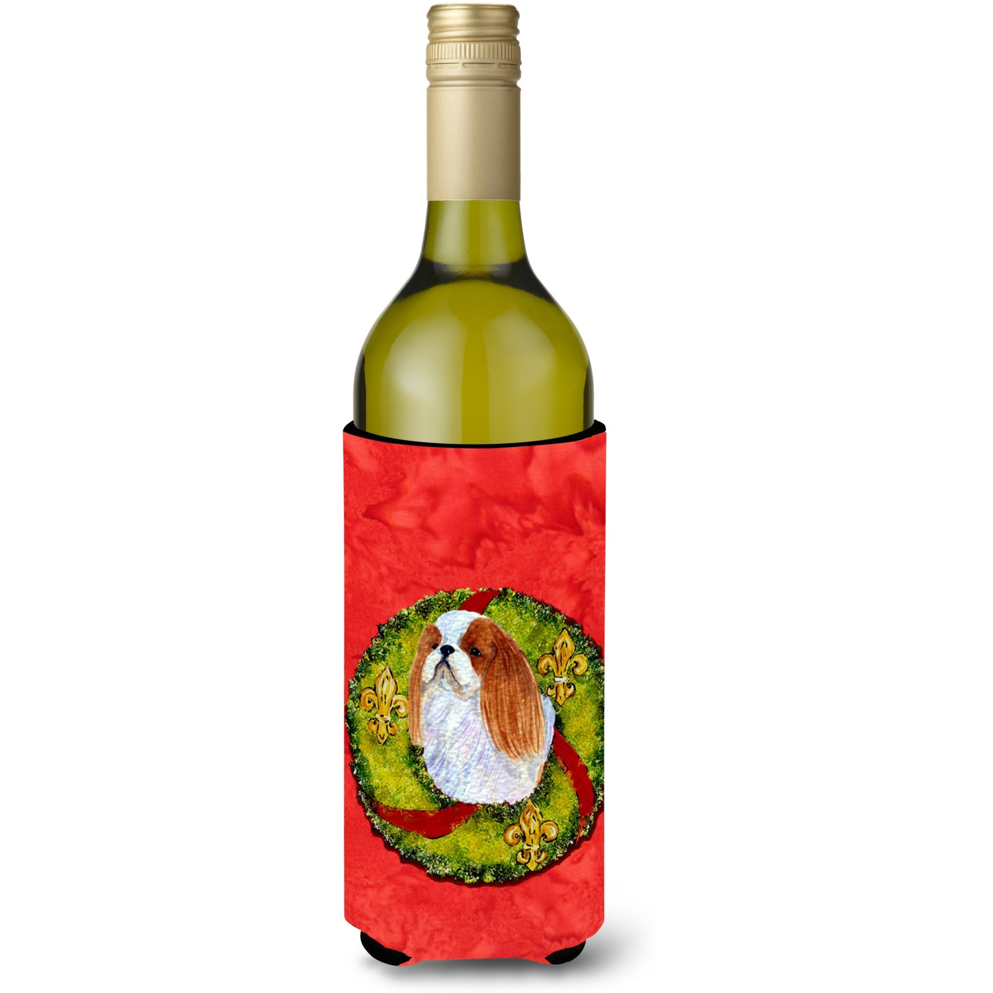 English Toy Spaniel Cristmas Wreath Wine Bottle Beverage Insulator Beverage Insulator Hugger