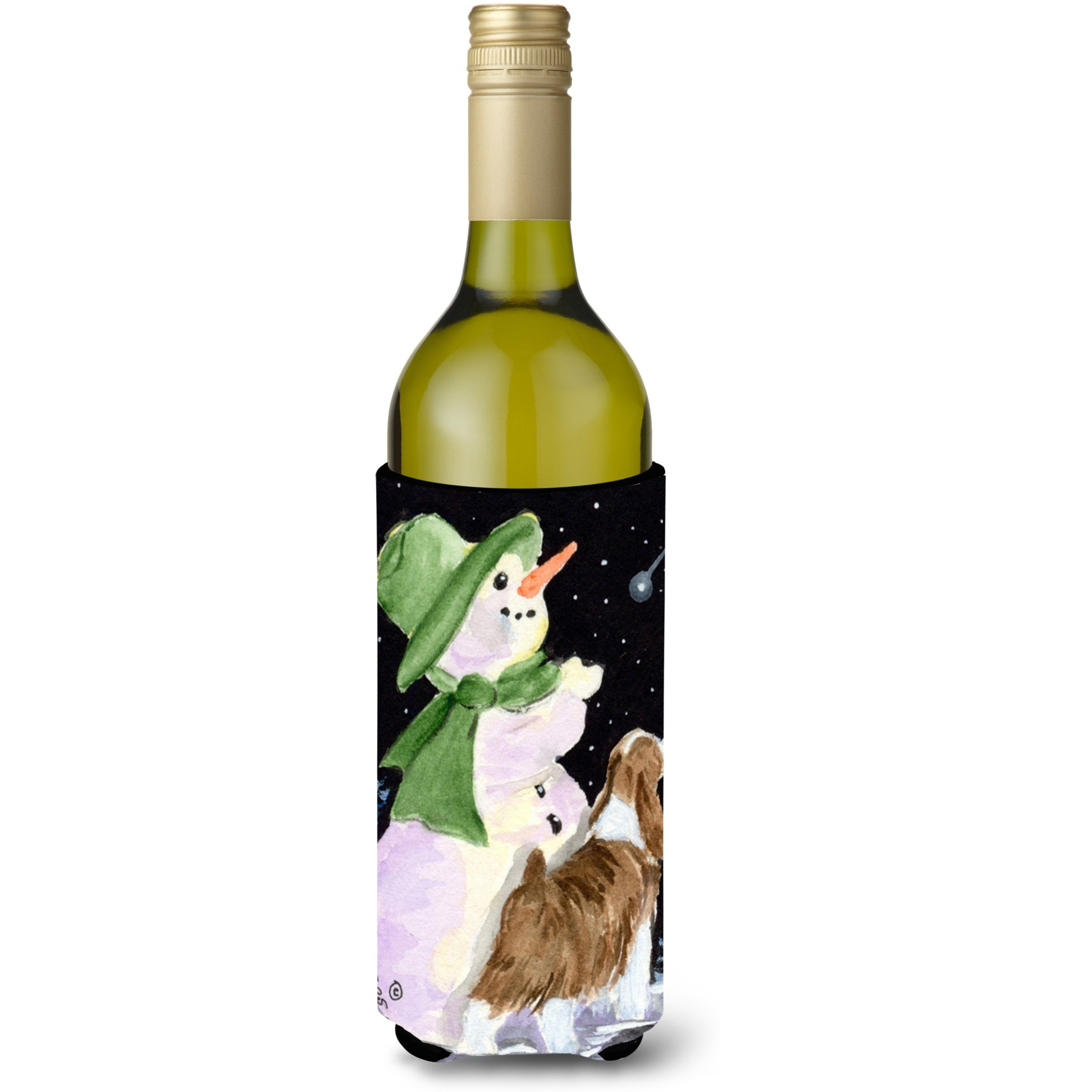 Snowman with English Springer Spaniel Wine Bottle Beverage Insulator Beverage Insulator Hugger
