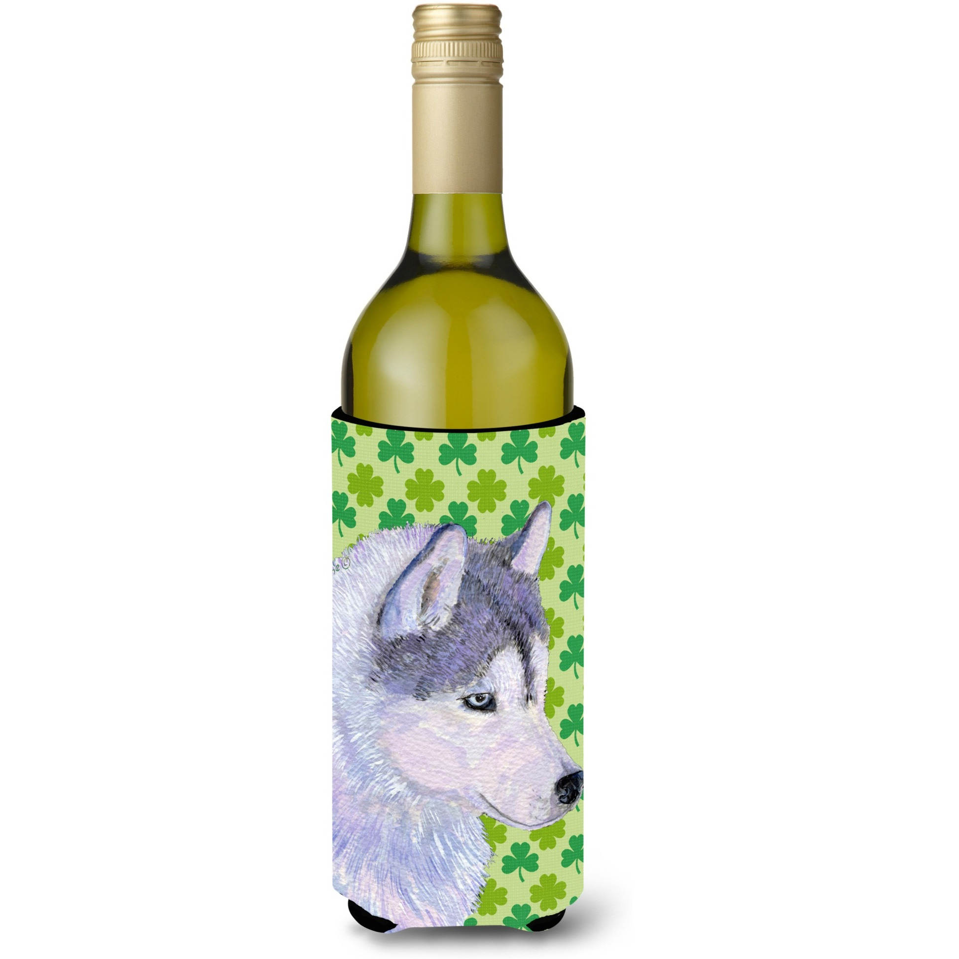 Siberian Husky St. Patrick's Day Shamrock Portrait Wine Bottle Beverage Insulator Beverage Insulator Hugger