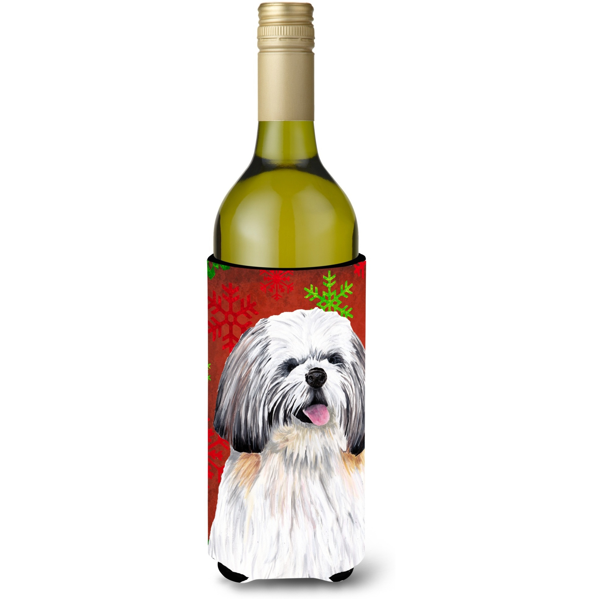 Shih Tzu Red and Green Snowflakes Holiday Christmas Wine Bottle Beverage Insulator Beverage Insulator Hugger