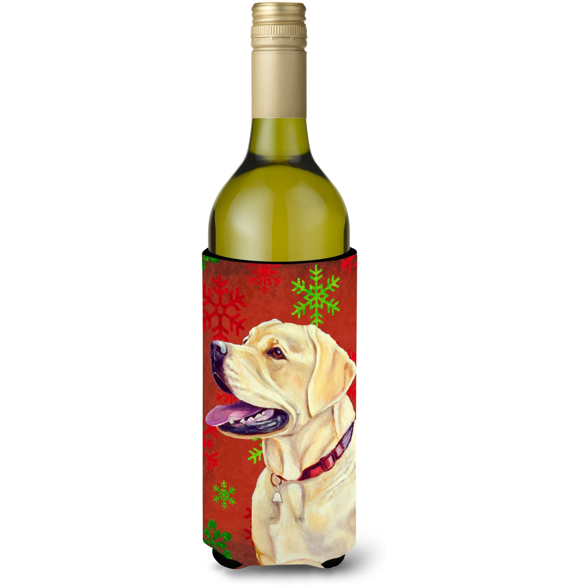 Labrador Red and Green Snowflakes Holiday Christmas Wine Bottle Beverage Insulator Beverage Insulator Hugger
