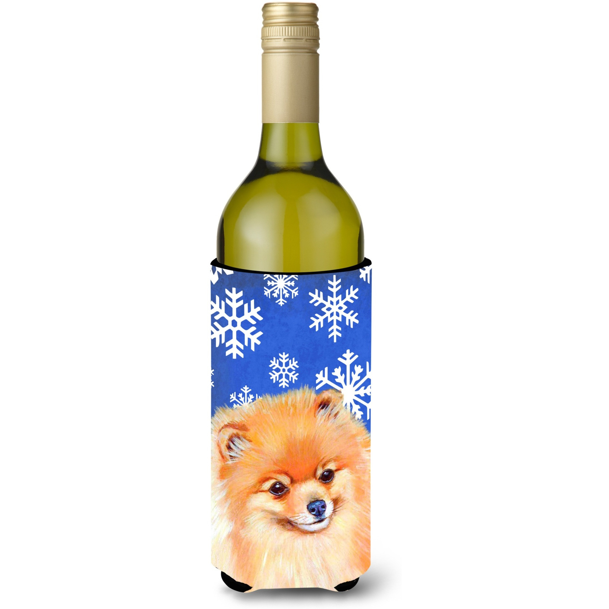 Pomeranian Winter Snowflakes Holiday Wine Bottle Beverage Insulator Beverage Insulator Hugger