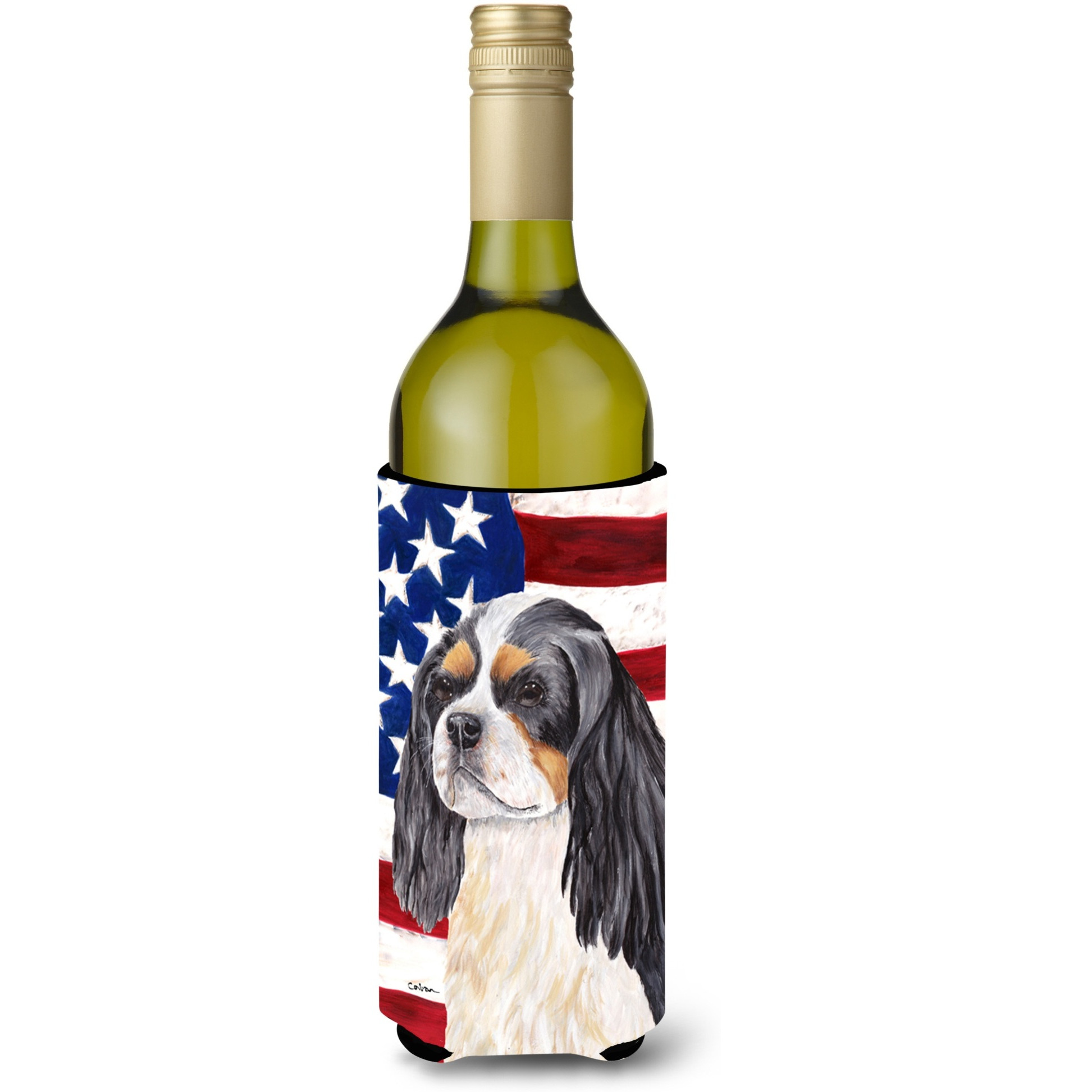 USA American Flag with Cavalier Spaniel Wine Bottle Beverage Insulator Beverage Insulator Hugger