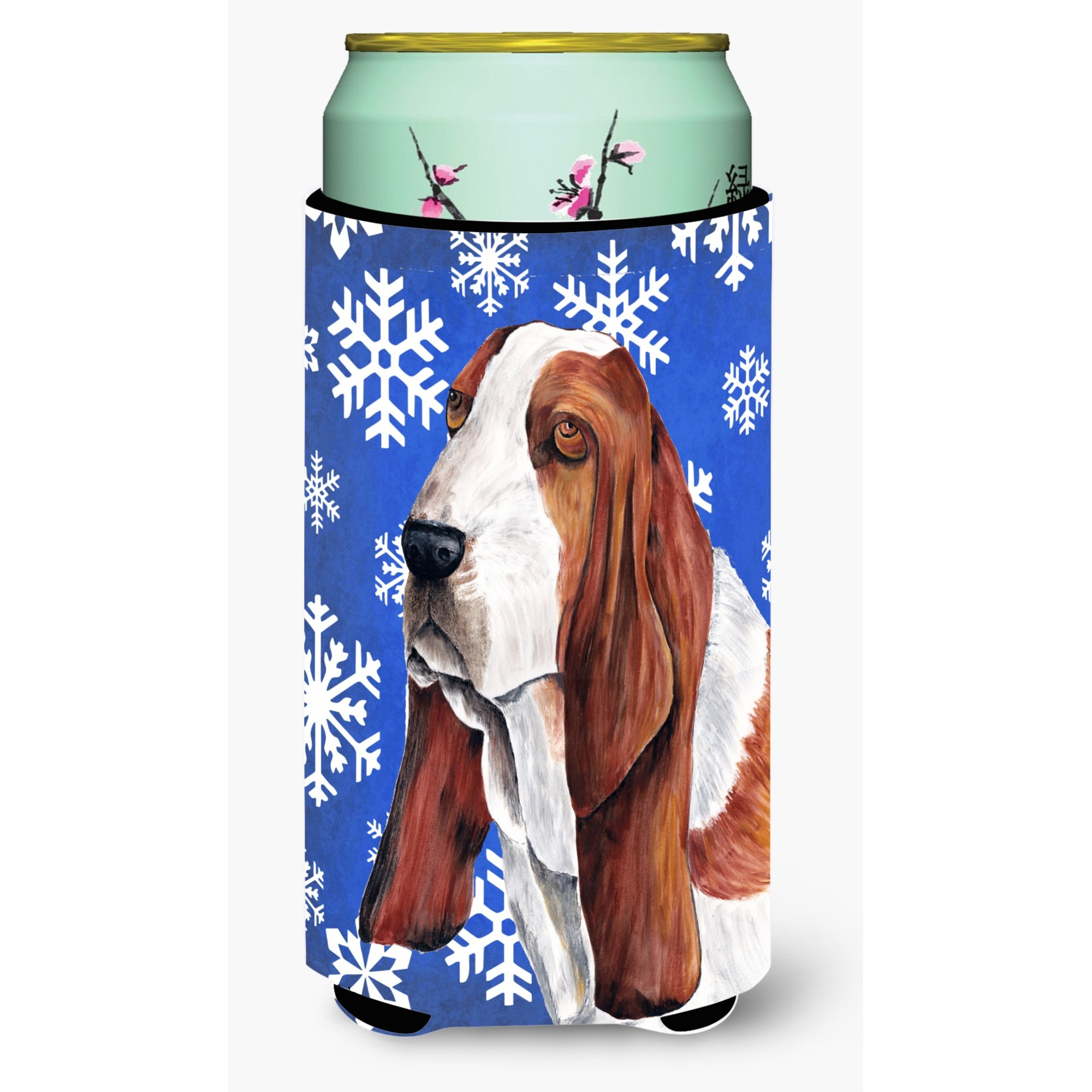 Basset Hound Winter Snowflakes Holiday  Tall Boy Beverage Insulator Beverage Insulator Hugger