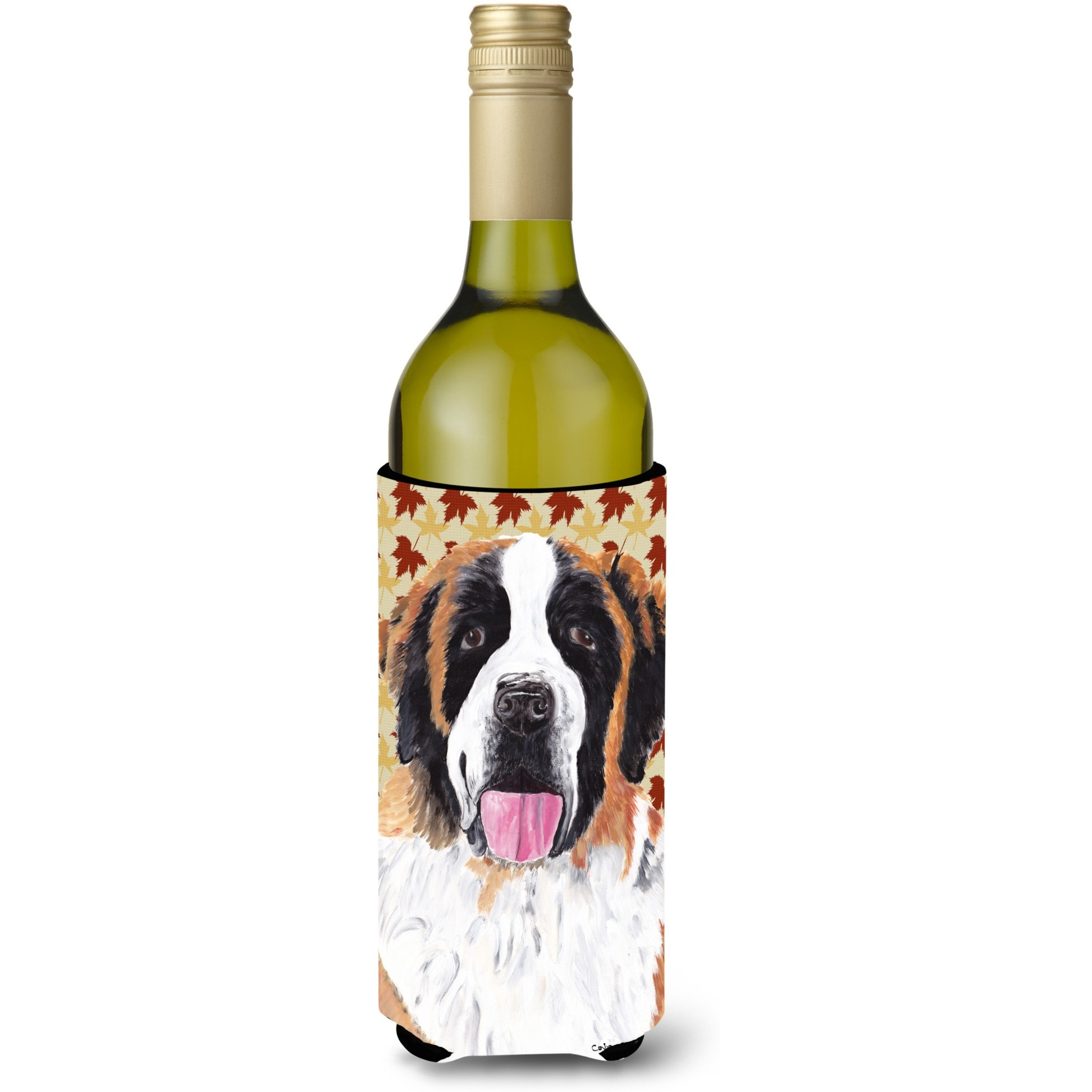 Saint Bernard Fall Leaves Portrait Wine Bottle Beverage Insulator Beverage Insulator Hugger