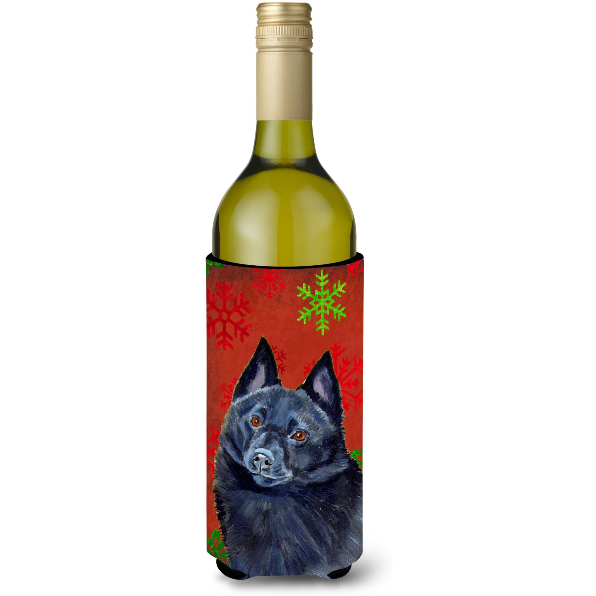 Schipperke Red and Green Snowflakes Holiday Christmas Wine Bottle Beverage Insulator Beverage Insulator Hugger