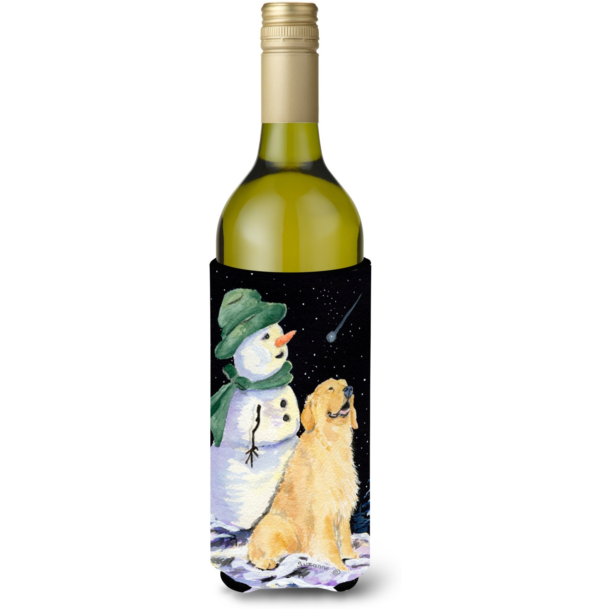 Golden Retriever with Snowman in Green Hat Wine Bottle Beverage Insulator Beverage Insulator Hugger SS8577LITERK