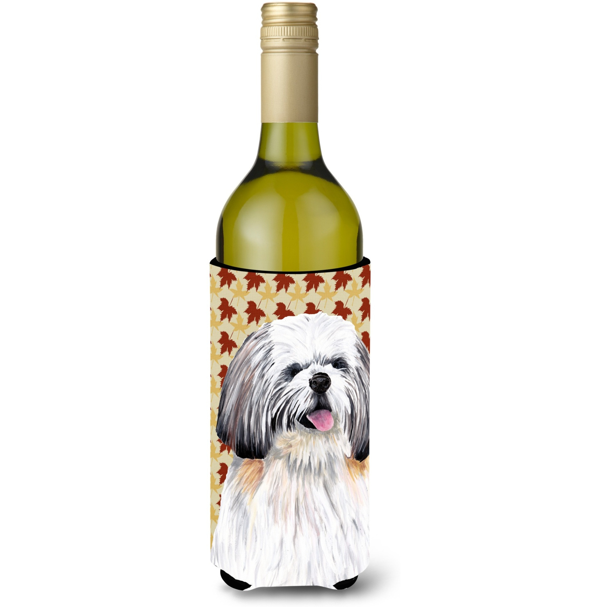 Shih Tzu Fall Leaves Portrait Wine Bottle Beverage Insulator Beverage Insulator Hugger