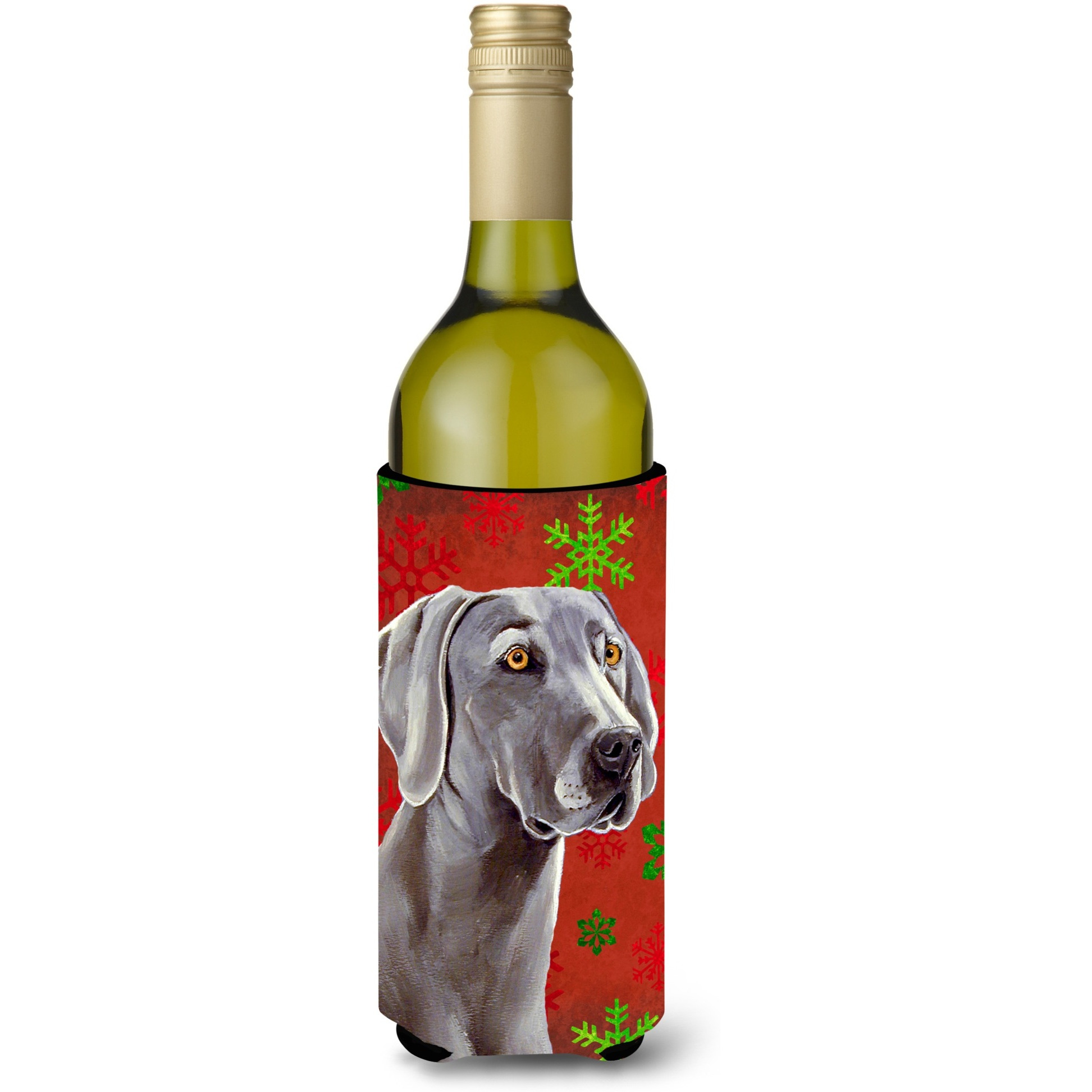 Weimaraner Red and Green Snowflakes Holiday Christmas Wine Bottle Beverage Insulator Beverage Insulator Hugger
