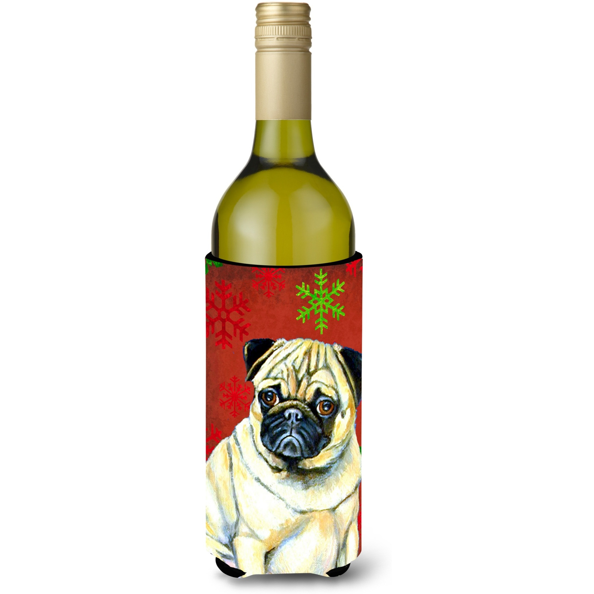 Pug Red and Green Snowflakes Holiday Christmas Wine Bottle Beverage Insulator Beverage Insulator Hugger