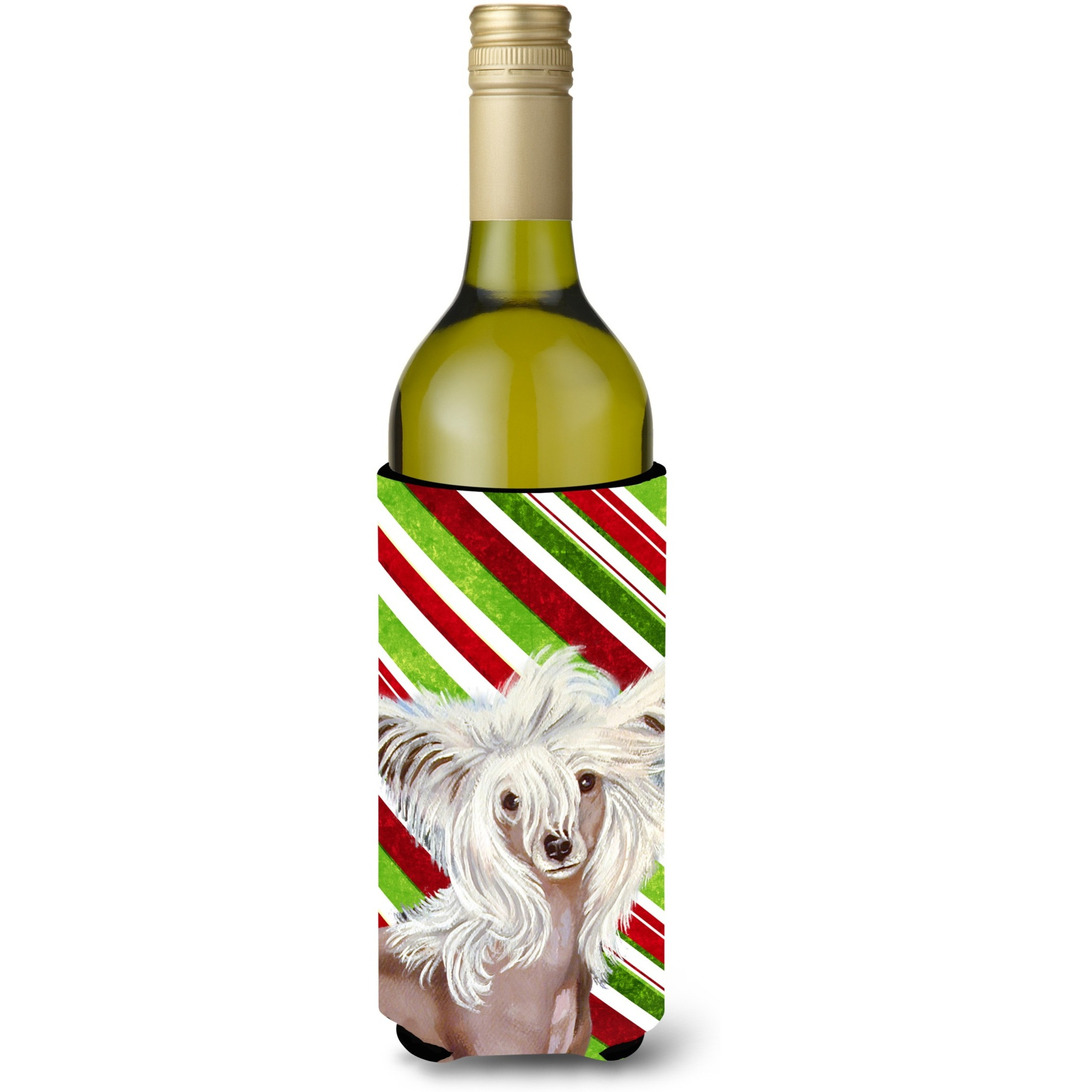 Chinese Crested Candy Cane Holiday Christmas Wine Bottle Beverage Insulator Beverage Insulator Hugger