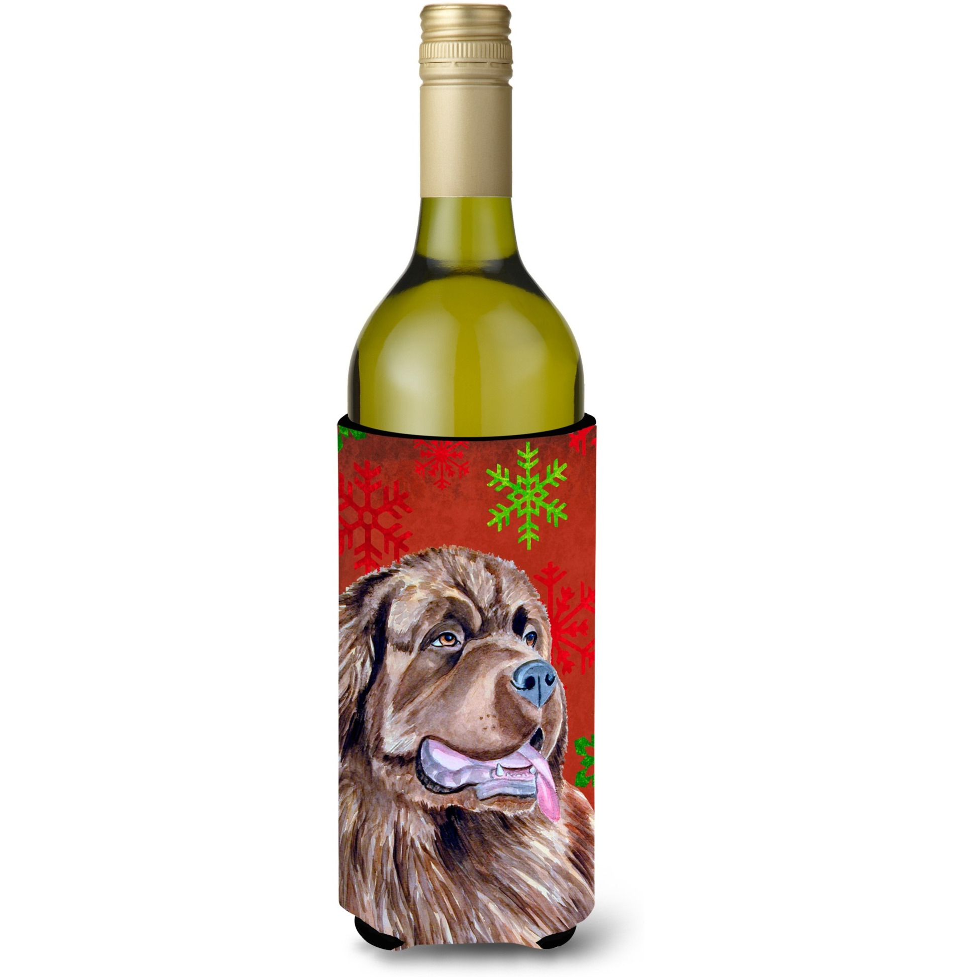 Newfoundland Red and Green  Holiday Christmas Wine Bottle Beverage Insulator Beverage Insulator Hugger