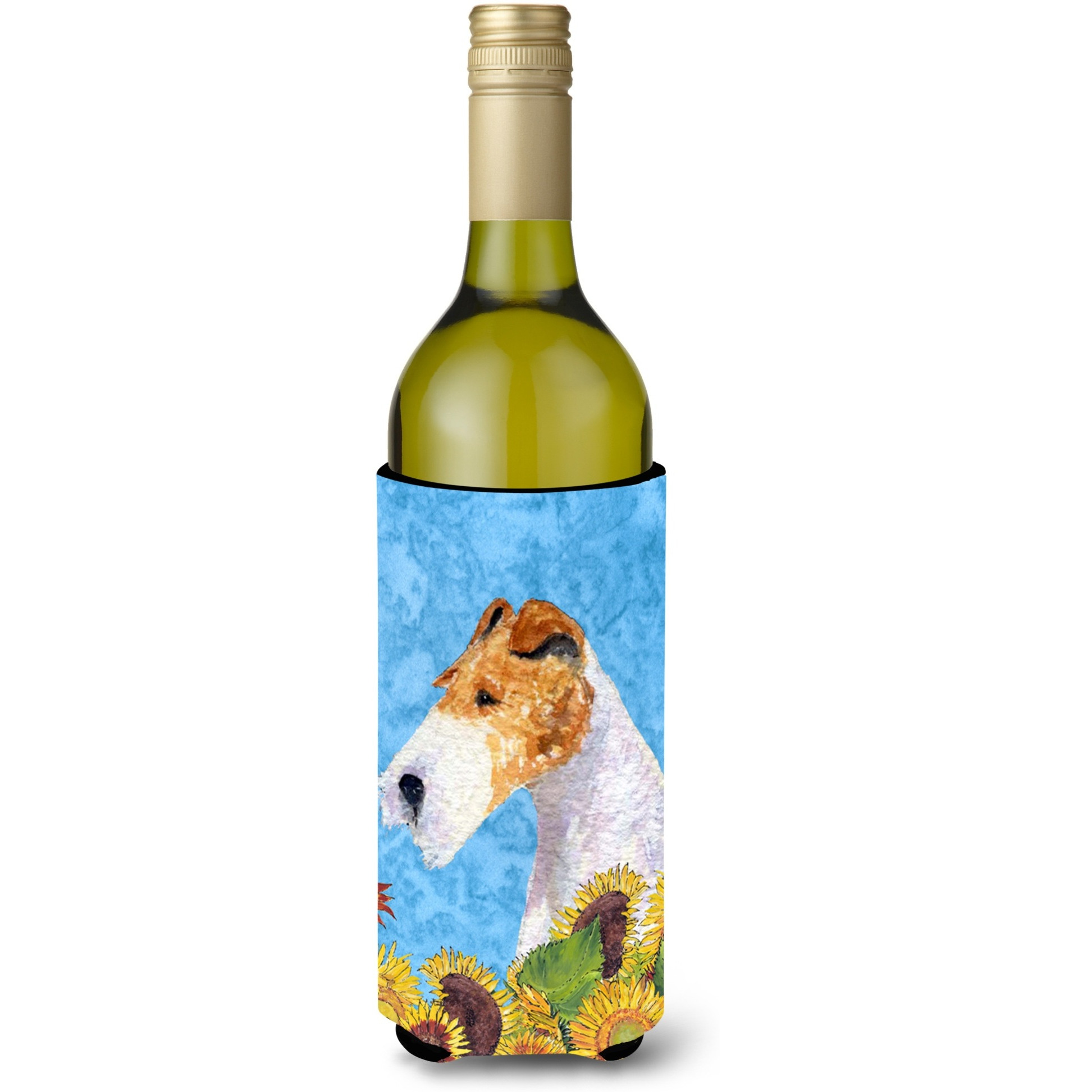 Fox Terrier in Summer Flowers Wine Bottle Beverage Insulator Beverage Insulator Hugger