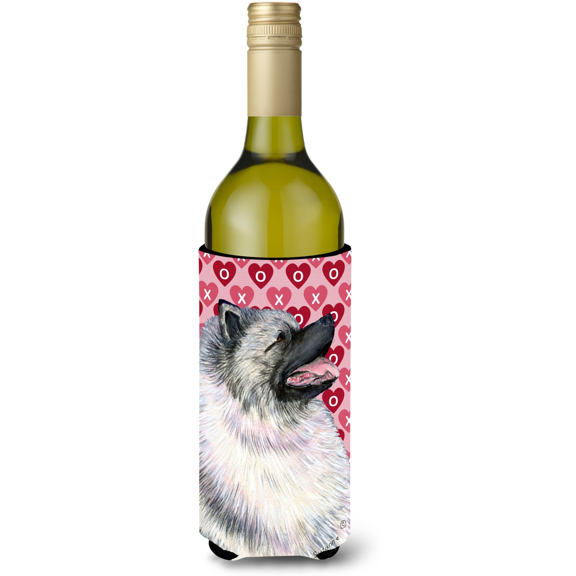 Keeshond Hearts Love and Valentine's Day Portrait Wine Bottle Beverage Insulator Beverage Insulator Hugger