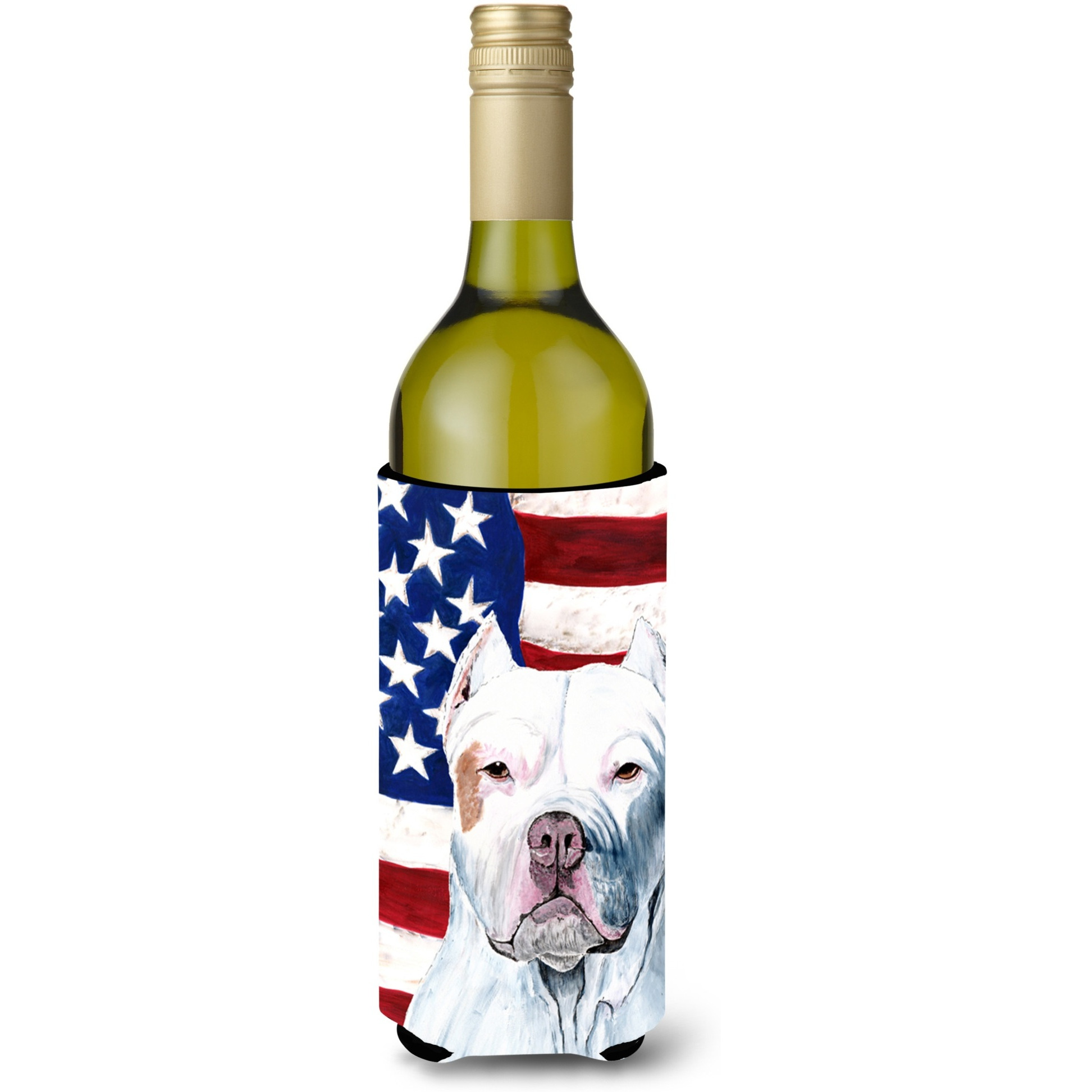 USA American Flag with Pit Bull Wine Bottle Beverage Insulator Beverage Insulator Hugger