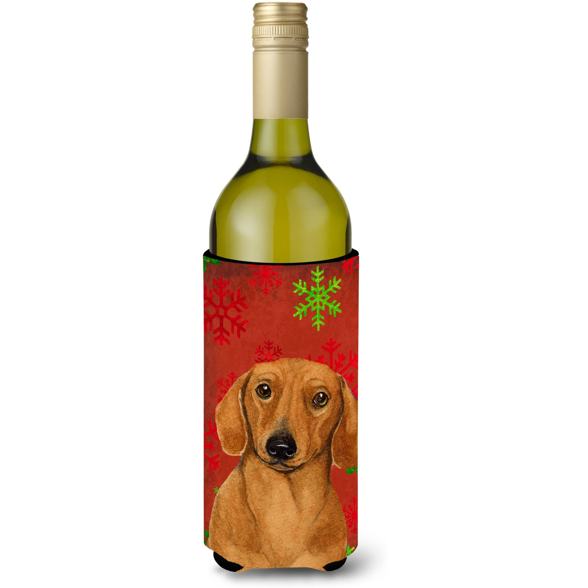 Dachshund Red and Green Snowflakes Holiday Christmas Wine Bottle Beverage Insulator Beverage Insulator Hugger
