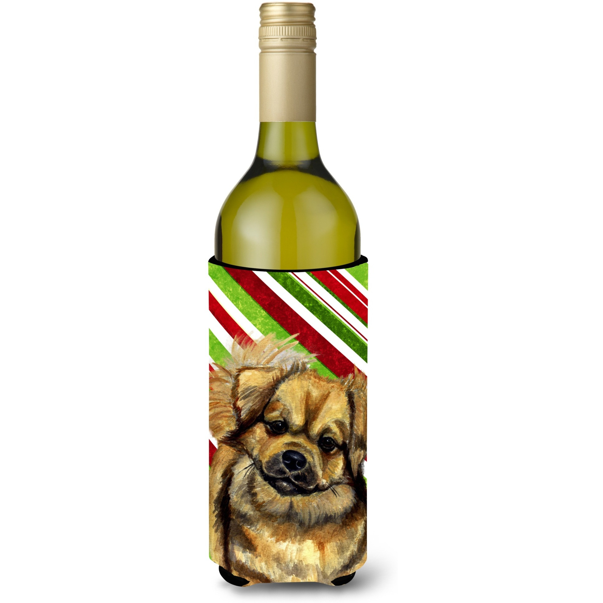 Tibetan Spaniel Candy Cane Holiday Christmas Wine Bottle Beverage Insulator Beverage Insulator Hugger