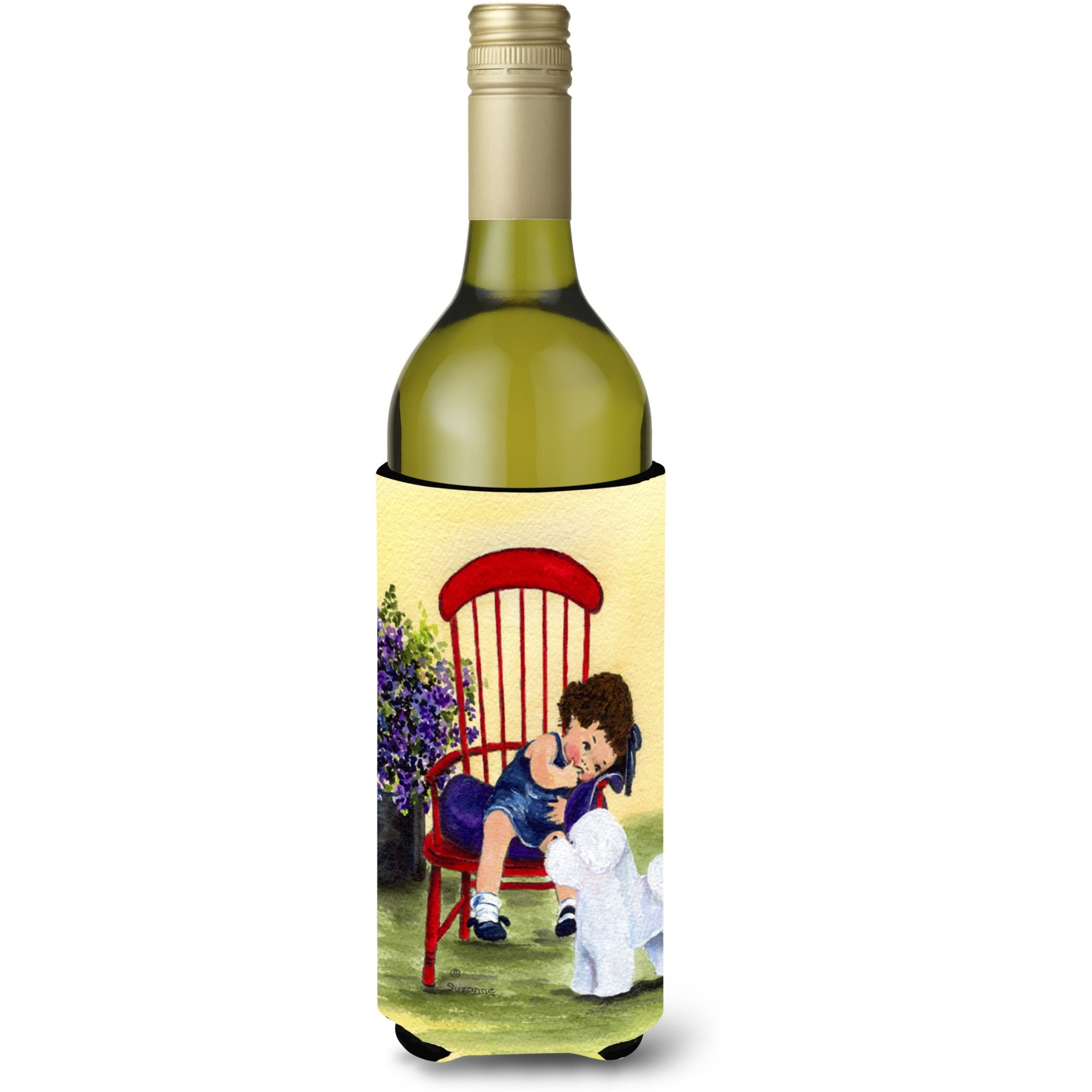Little Girl with her Bichon Frise Wine Bottle Beverage Insulator Beverage Insulator Hugger