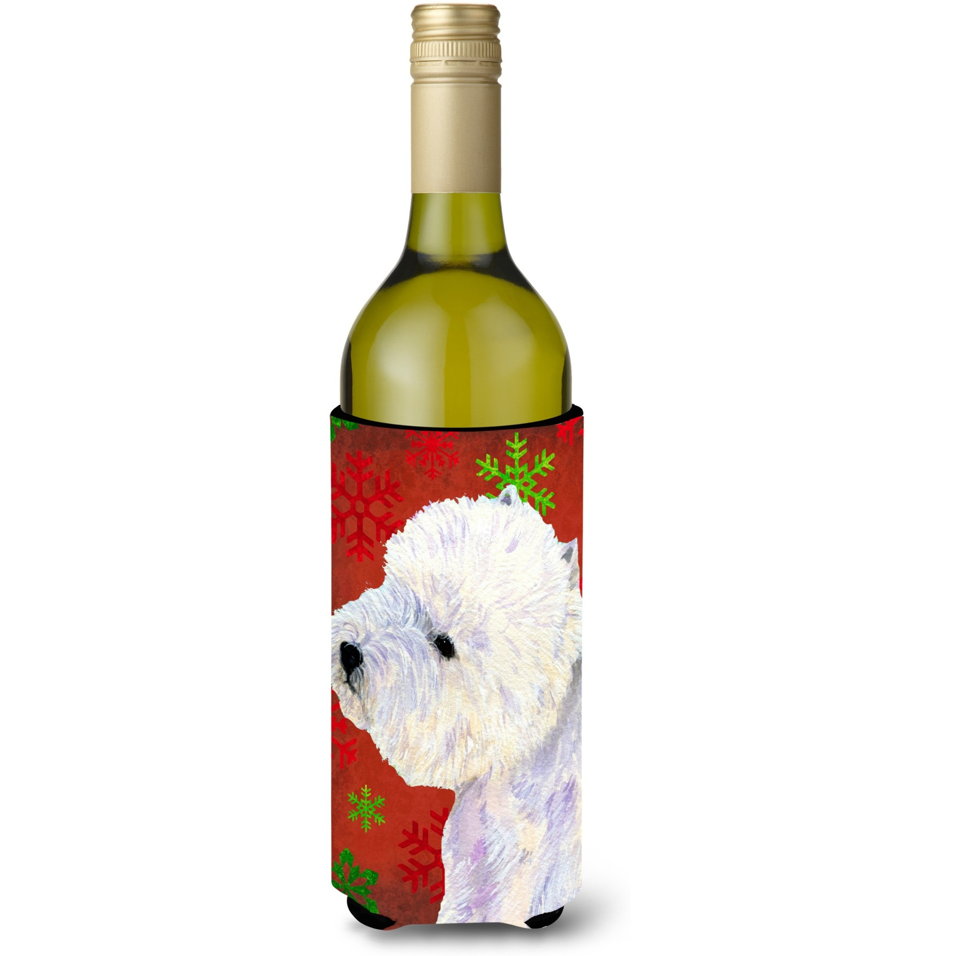 Westie Red and Green Snowflakes Holiday Christmas Wine Bottle Beverage Insulator Beverage Insulator Hugger