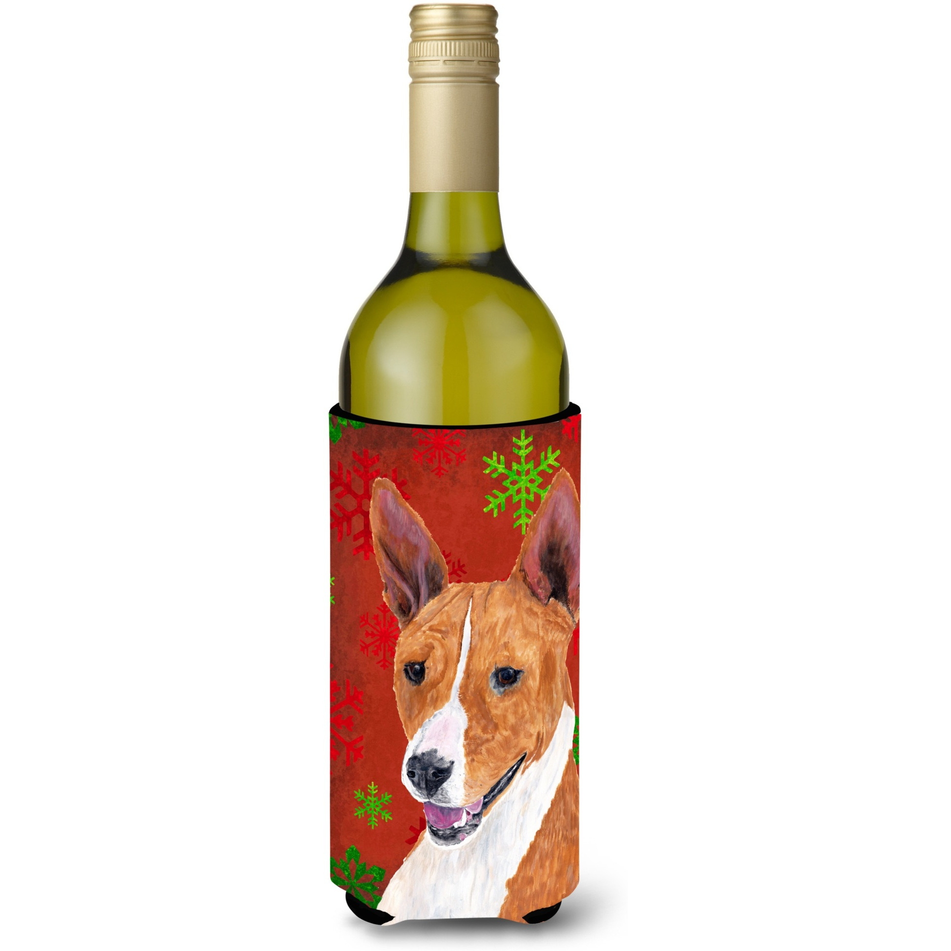 Basenji Red and Green Snowflakes Holiday Christmas Wine Bottle Beverage Insulator Beverage Insulator Hugger