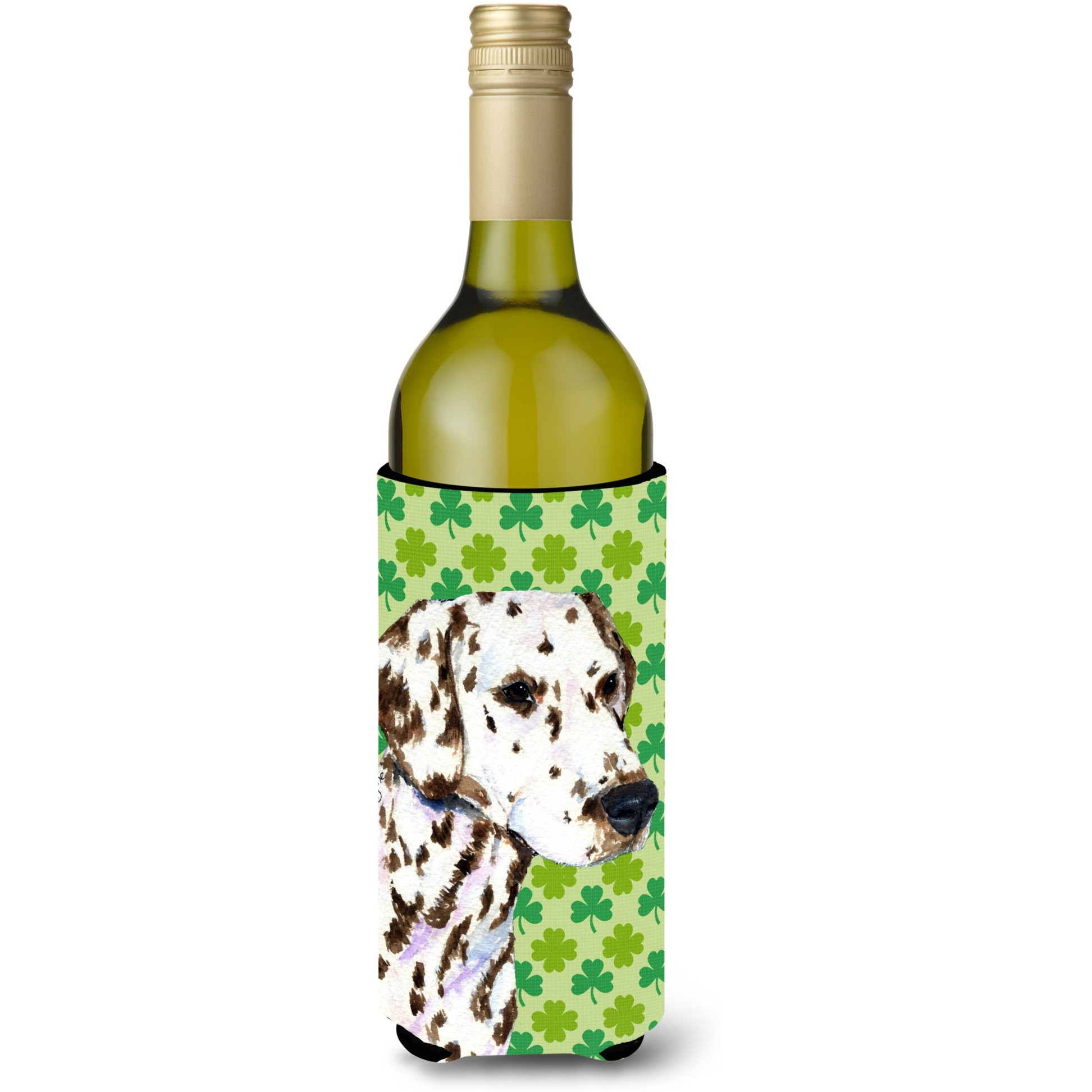 Dalmatian St. Patrick's Day Shamrock Portrait Wine Bottle Beverage Insulator Beverage Insulator Hugger