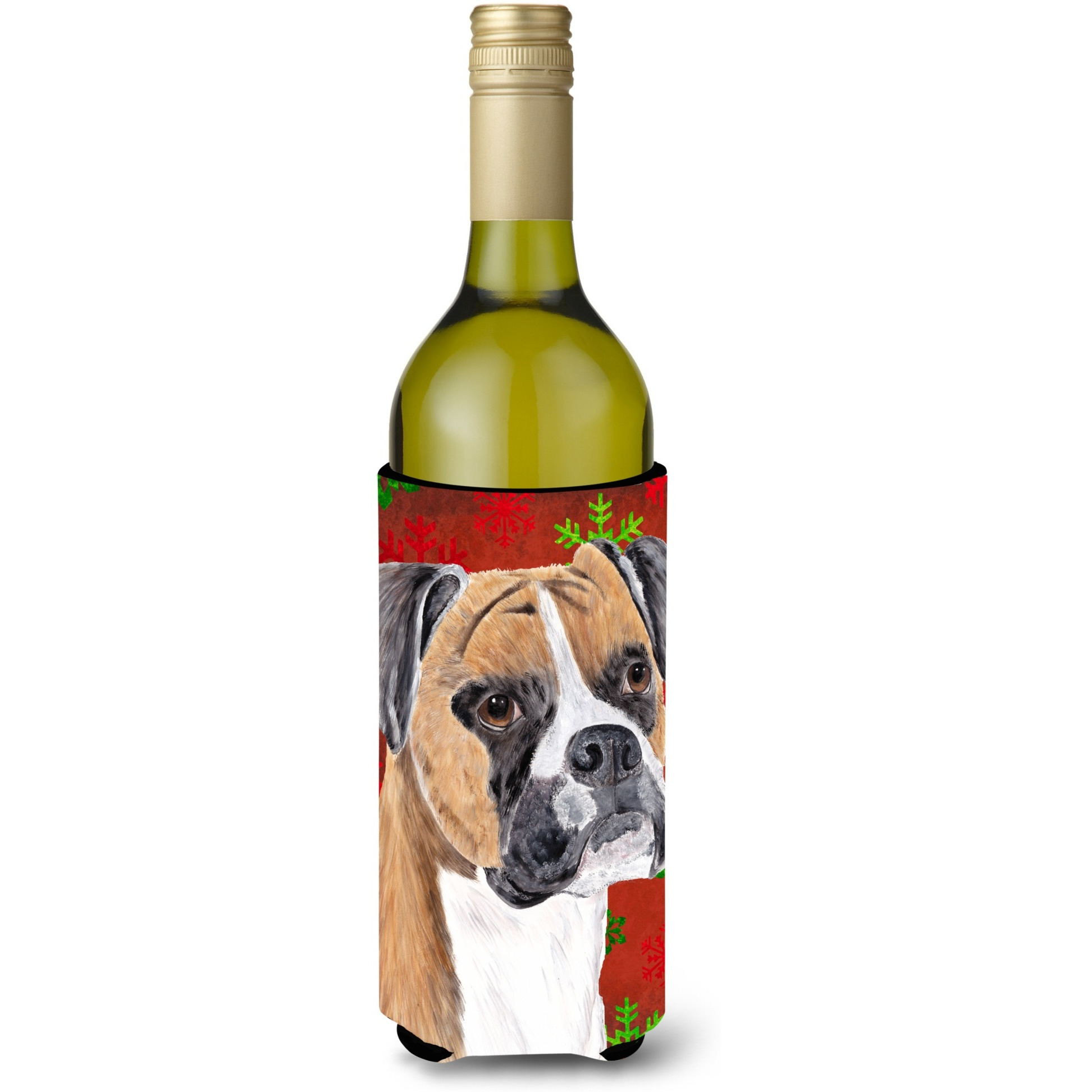 Boxer Red and Green Snowflakes Holiday Christmas Wine Bottle Beverage Insulator Beverage Insulator Hugger