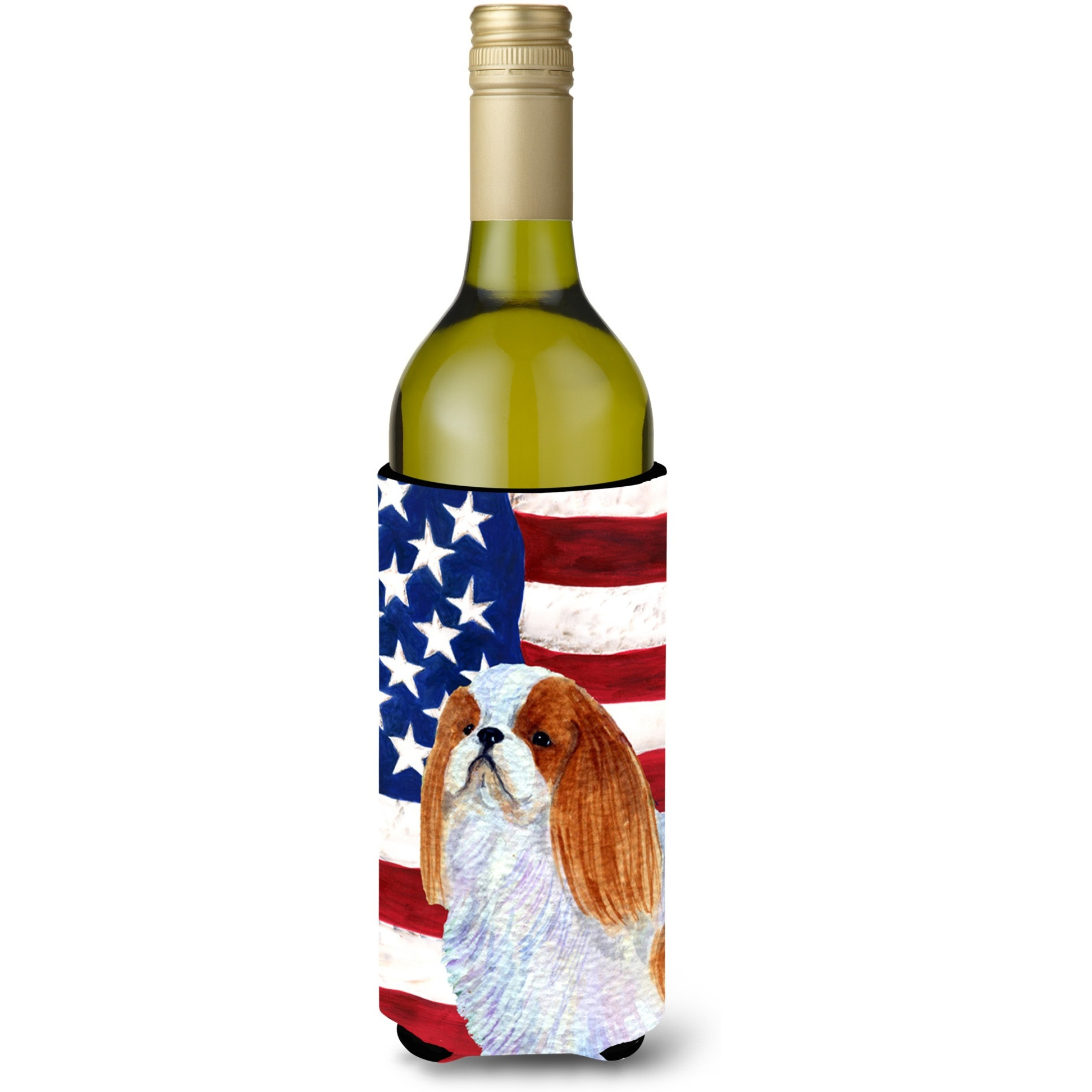 USA American Flag with English Toy Spaiel USA Wine Bottle Beverage Insulator Beverage Insulator Hugger