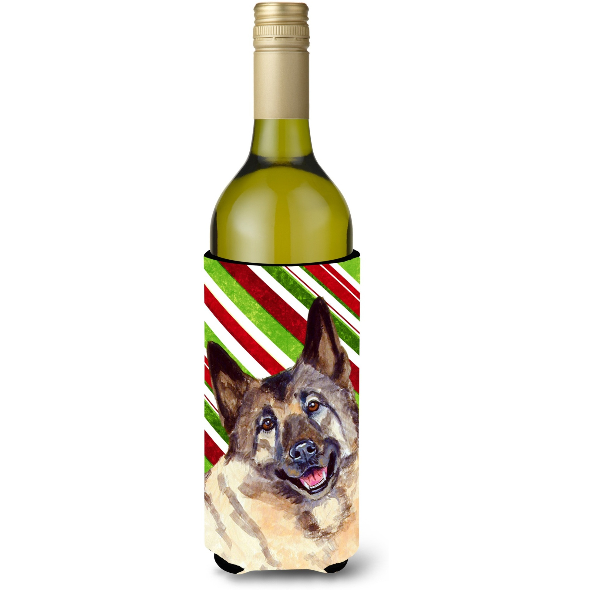 Norwegian Elkhound Candy Cane Holiday Christmas Wine Bottle Beverage Insulator Beverage Insulator Hugger